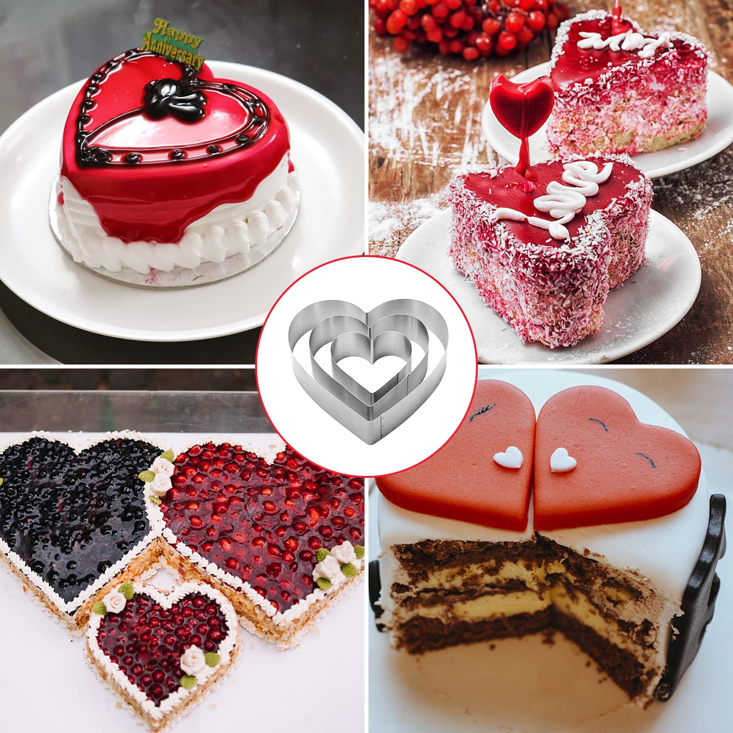 Qeeyon 3Pcs Heart Cookie Cutter Set, 4'' 6'' 8'' Stainless Steel Sandwiches Cutter Diy Heart Cake Cutter Cake Molds Ring Set Mou
