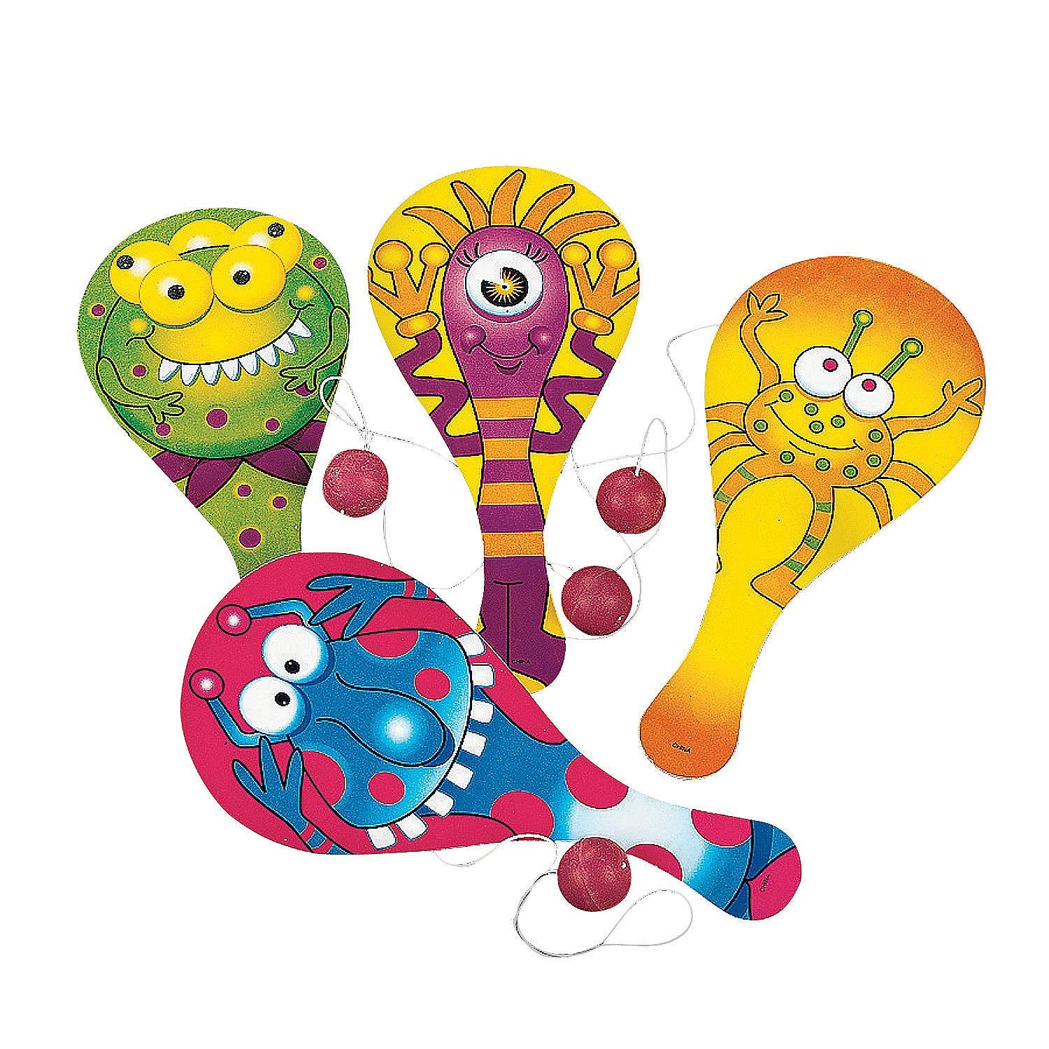 Fun Express Wooden Monster Paddle Ball Games - Toys - 12 Pieces