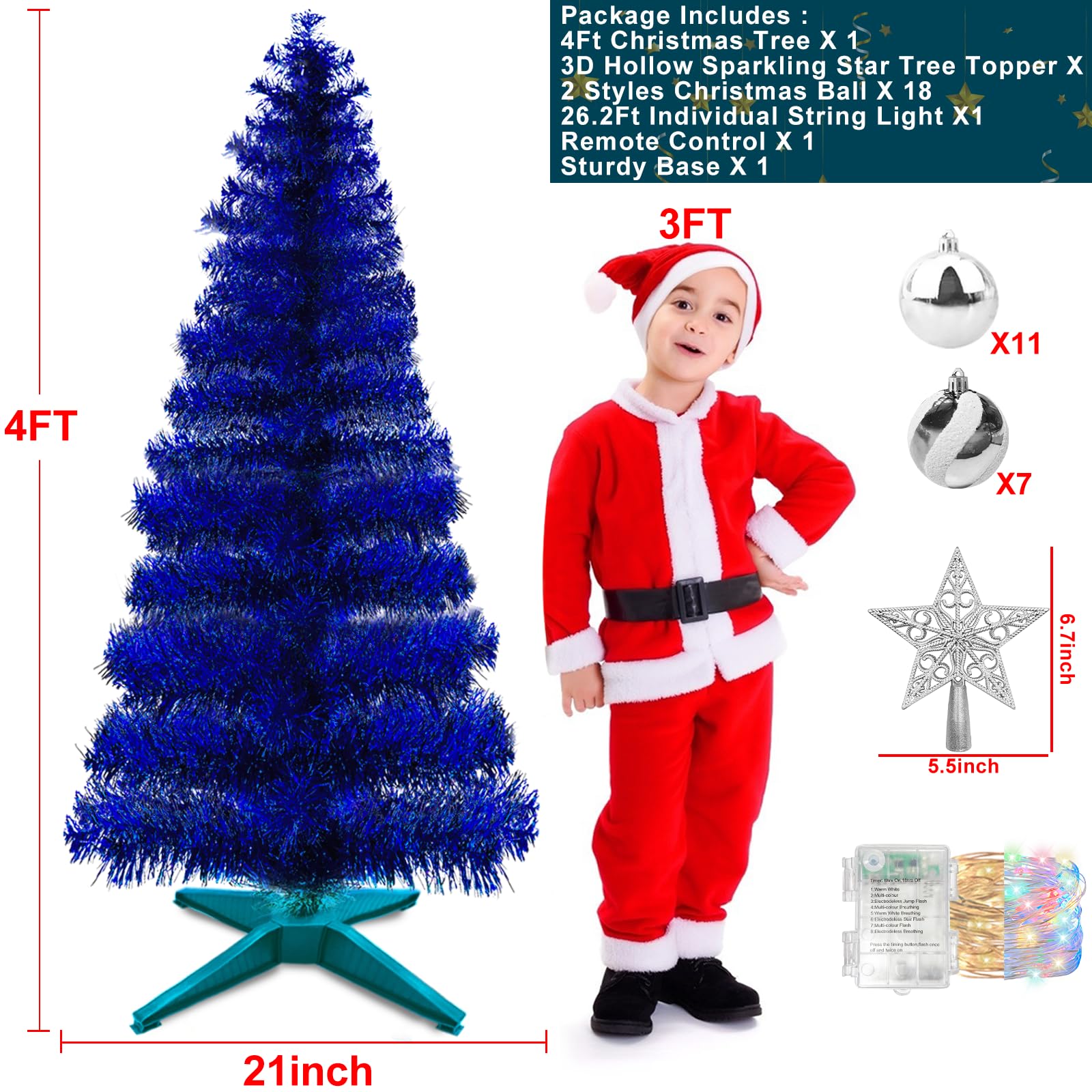 Dual Color Change & Timer 4 Ft Christmas Tree with 8 Mode 100 Warm White & Colorful Light 18 DIY Ball Ornaments 3D Star Battery