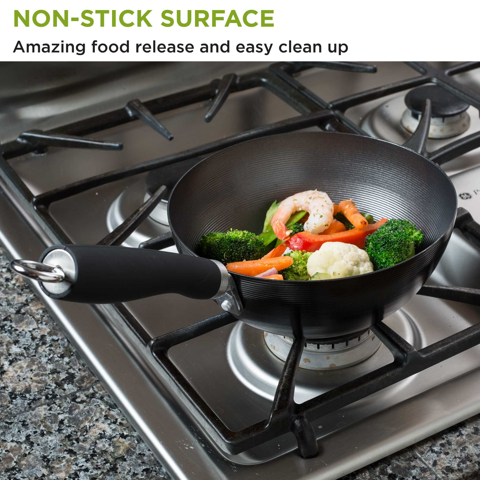 Ecolution Non-Stick Carbon Steel Wok With Soft Touch Riveted Handle, 8'',Black