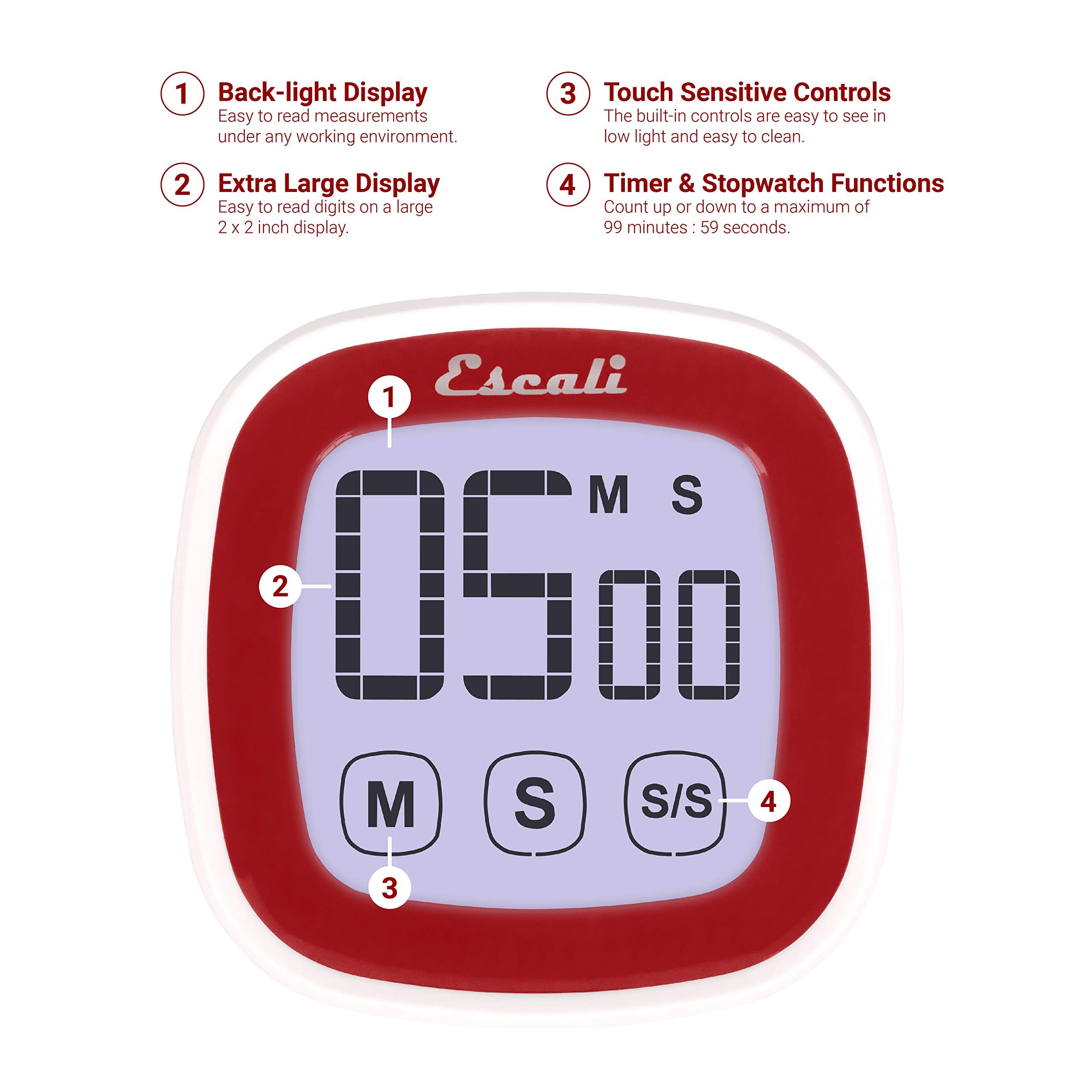 Escali Touch Screen Lcd Display Digital Timer, Easy To Read And Touch Sensitive Controls Battery Saving, Red