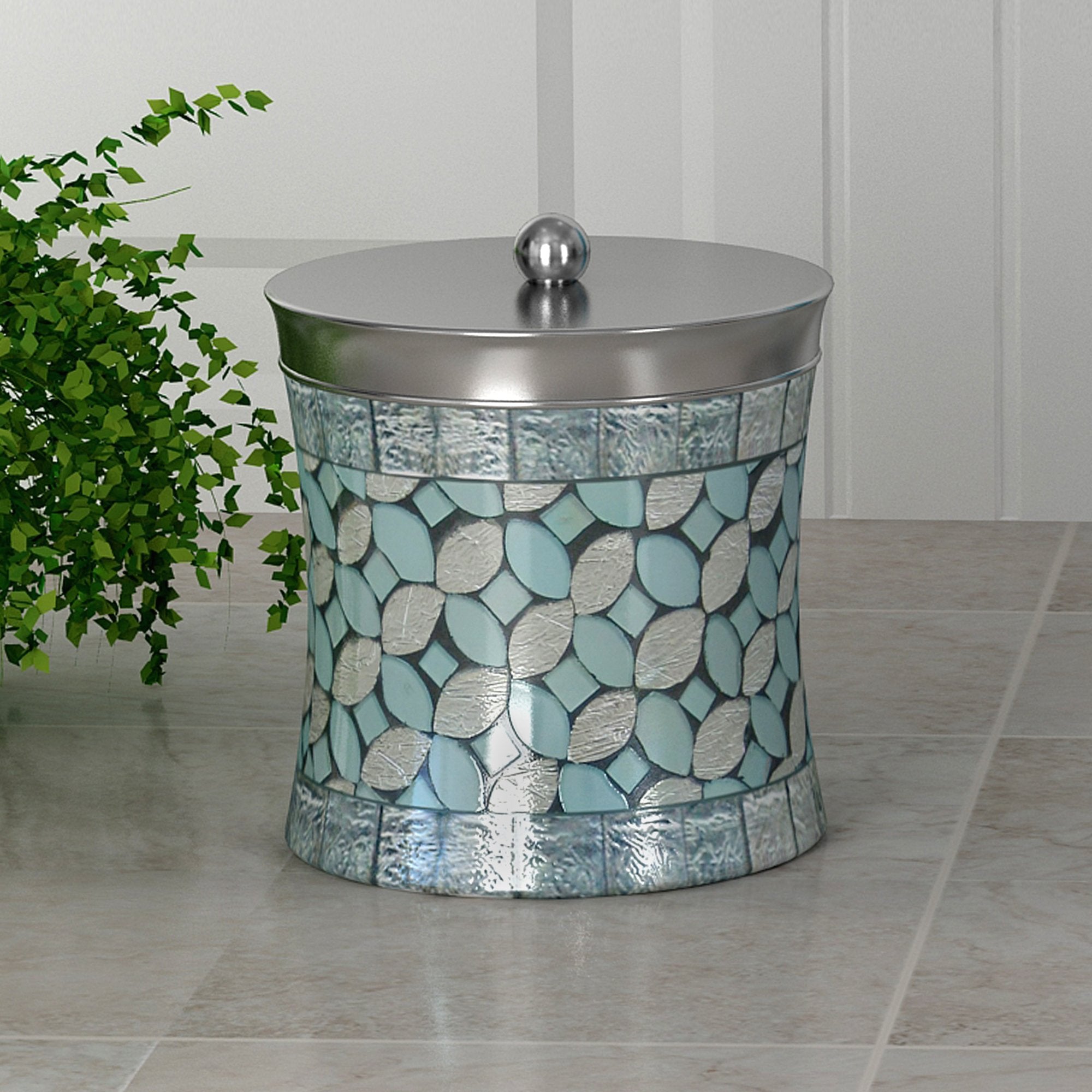 Nu Steel Sea Foam Q-Tip Jar In Aqua Blue/Silver Glass Mosaic/ Stainless Steel For Bathrooms & Vanity Spaces