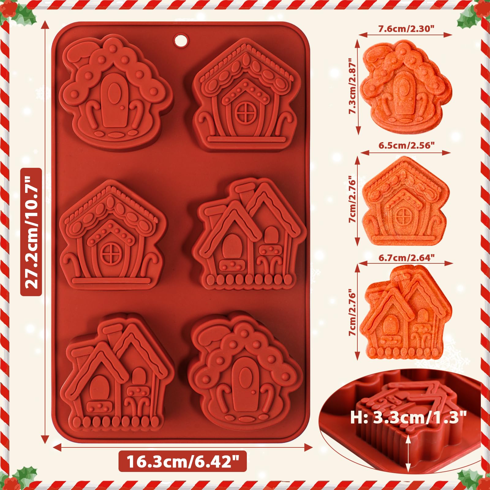 Webake Gingerbread House Cake Molds Silicone Christmas Village Gingerbread Mold 6-Cavity, Perfect For Cake, Soap (Pack Of 2)