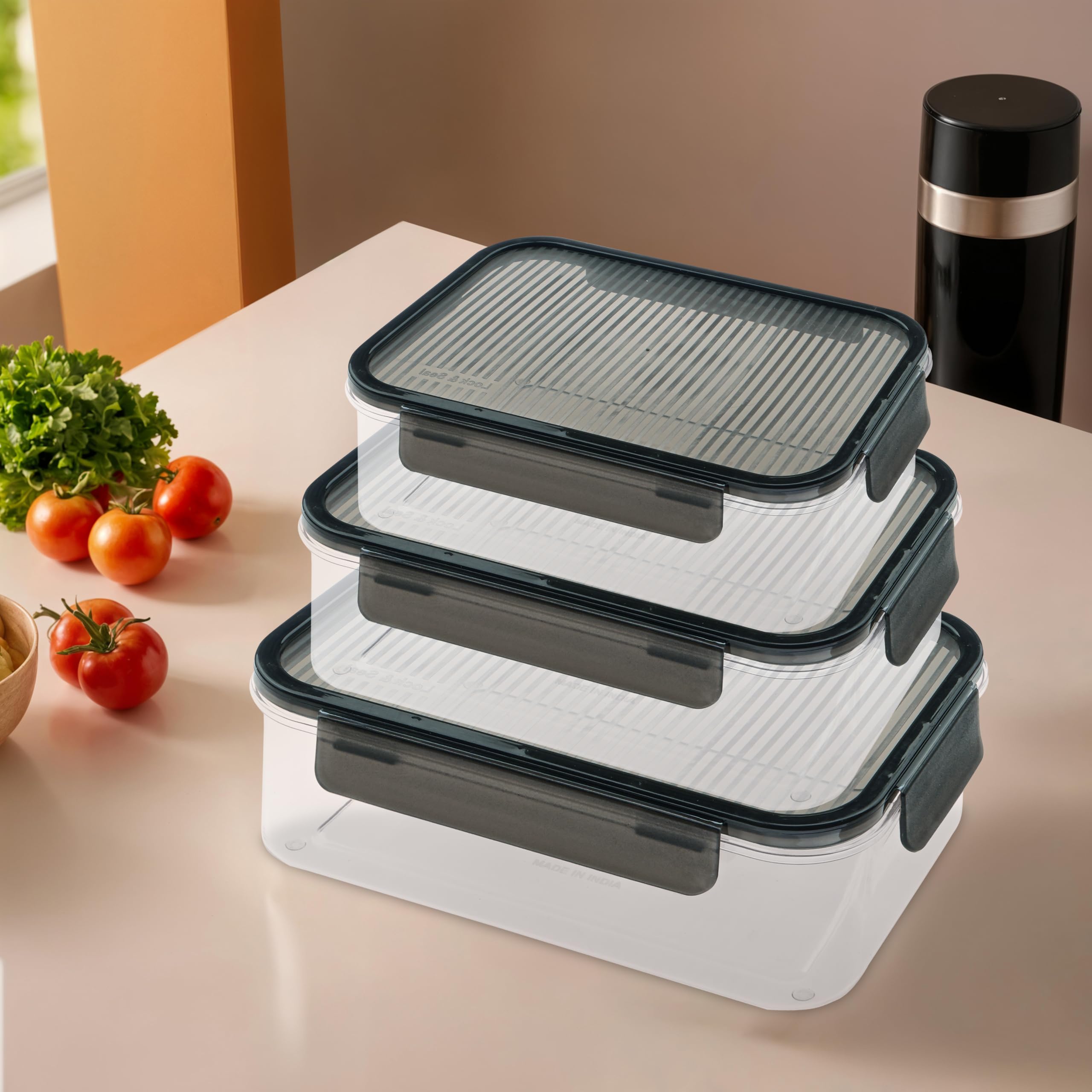 Kuber Industries Plastic Airtight Kitchen Container Set Of 3-400Ml, 900Ml, 1600Ml | Transparent Fridge Box With Leak Proof Lid &