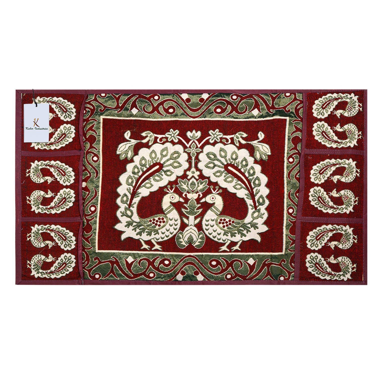 Kuber Industriestm Red Cotton Fridge Top Cover (Peacock Design) (Fc09)