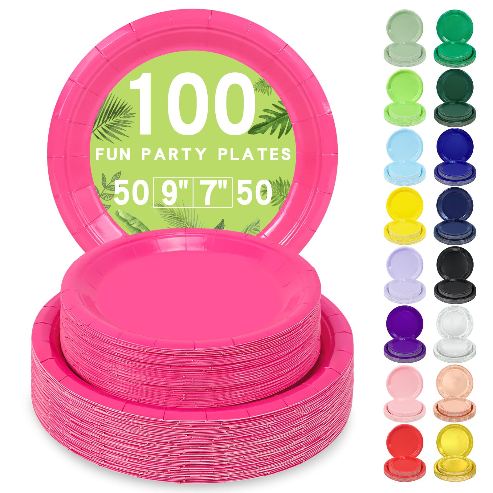 LANLISA 100 Hot Pink Paper Plates Disposable Set Includes 50-9 & 50-7 Disposable Dessert Cake Paper Plates for Party Supplies