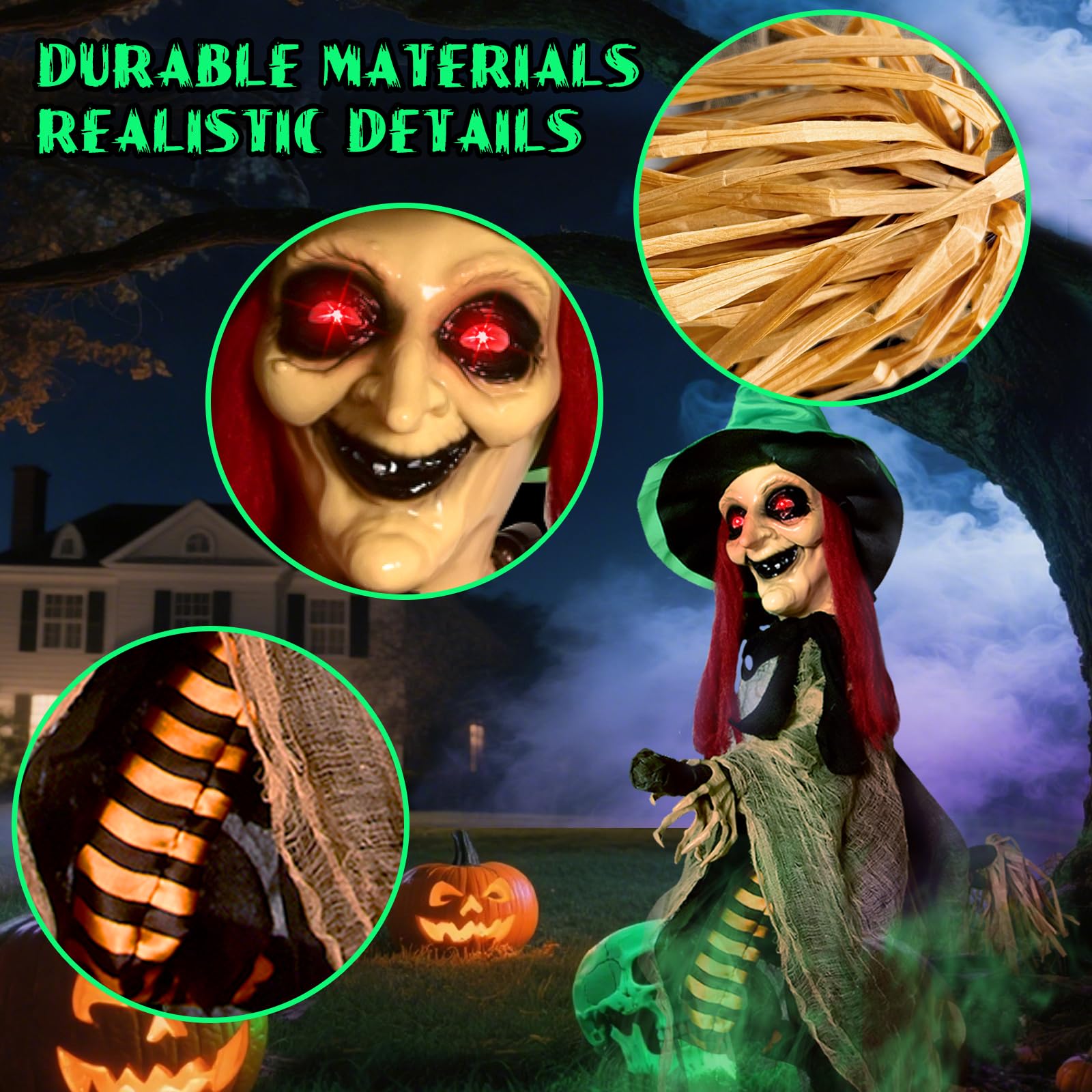 Halloween LED Light-Up Flying Witch on Broomstick, Realistic Sound & Motion, Scary Hanging Animated Decoration with Kicking Legs