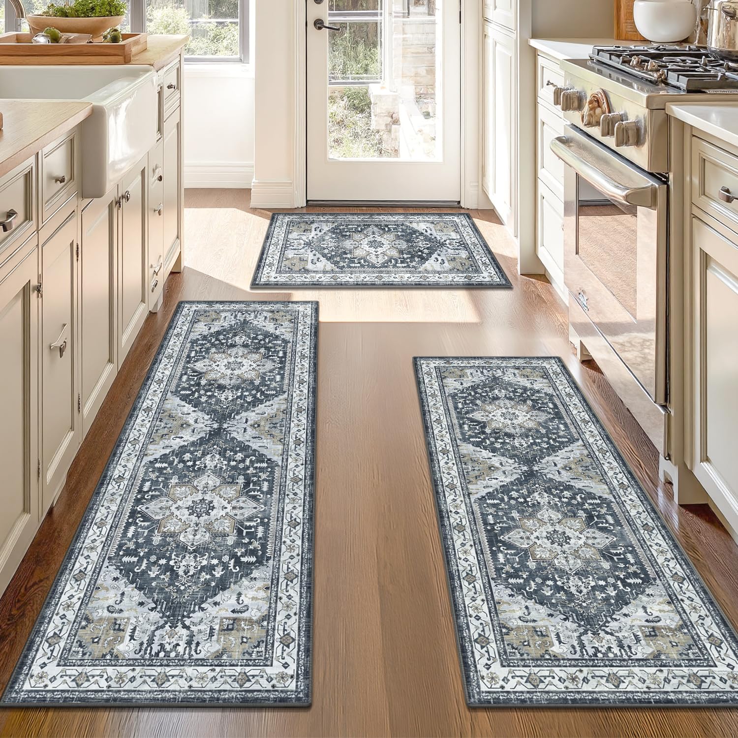 Yamaziot Boho Washable Kitchen Rugs Sets of 3, Non Slip Kitchen Mats for Floor with Rubber Backing, Waterproof & Stain Resistant
