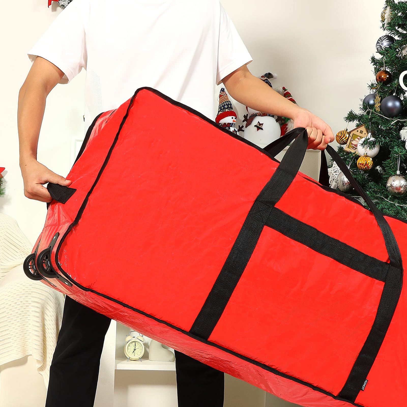 HOMEST Christmas Tree Storage Bag, Fits for 9 ft Xmas Artificials, Zippered Bag with Reinforced Carrying Handles and Wheels, Red