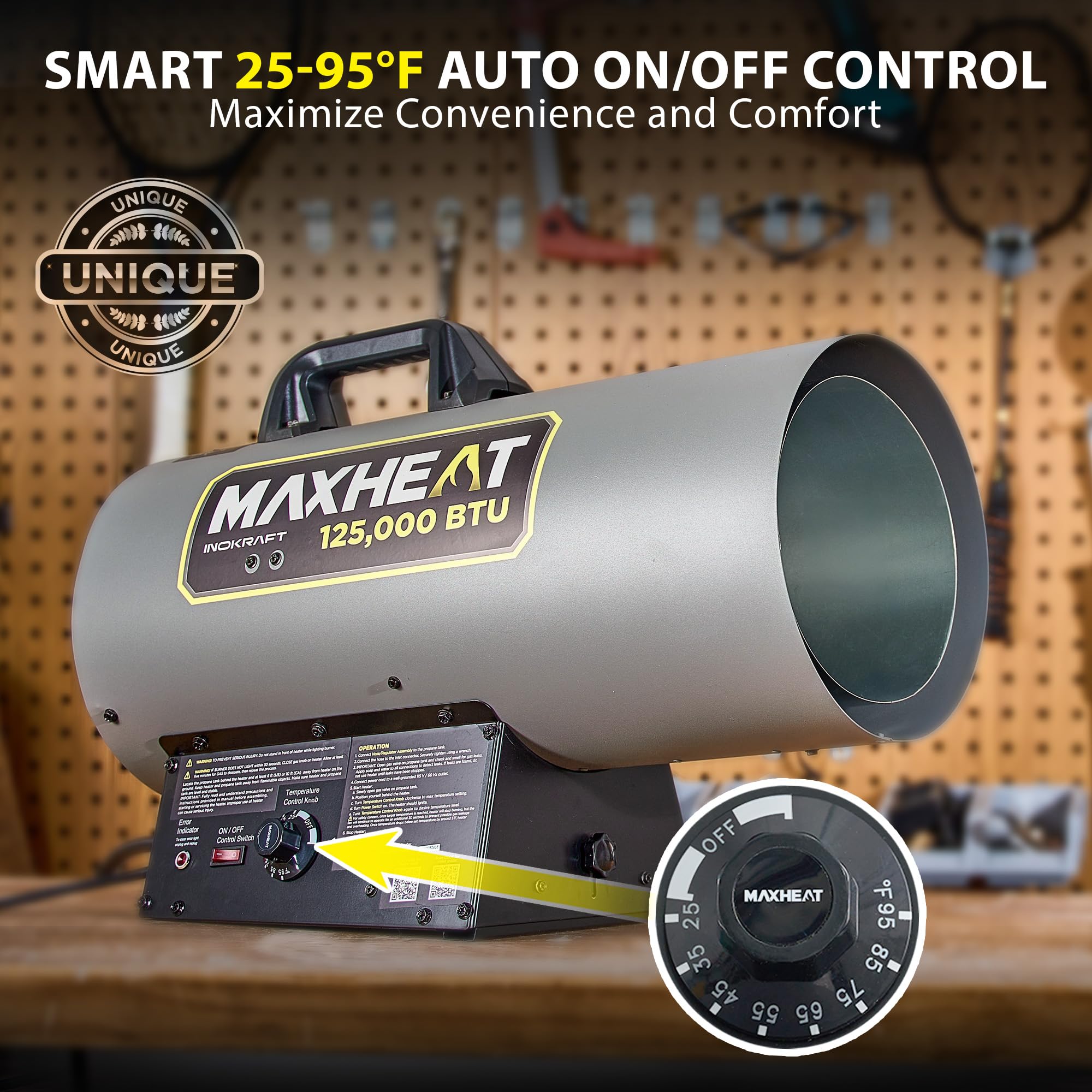 Inokraft Maxheat Mh125 125,000 Btu Forced Air Propane Heater, Auto 25-95F On/Off Control, Portable Garage Heater, Propane Torped