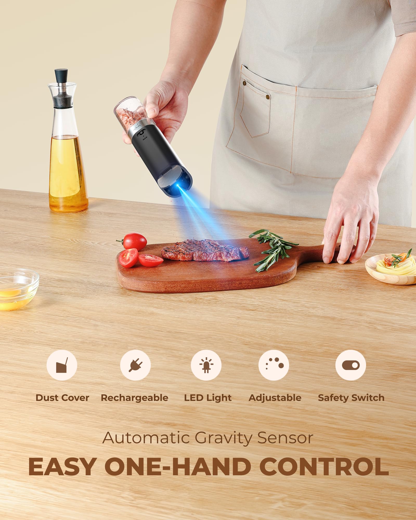 Sangcon Gravity Electric Salt and Pepper Grinder Set Rechargeable with Dust Cover, Large Capacity, Adjustable Coarseness, LED Li