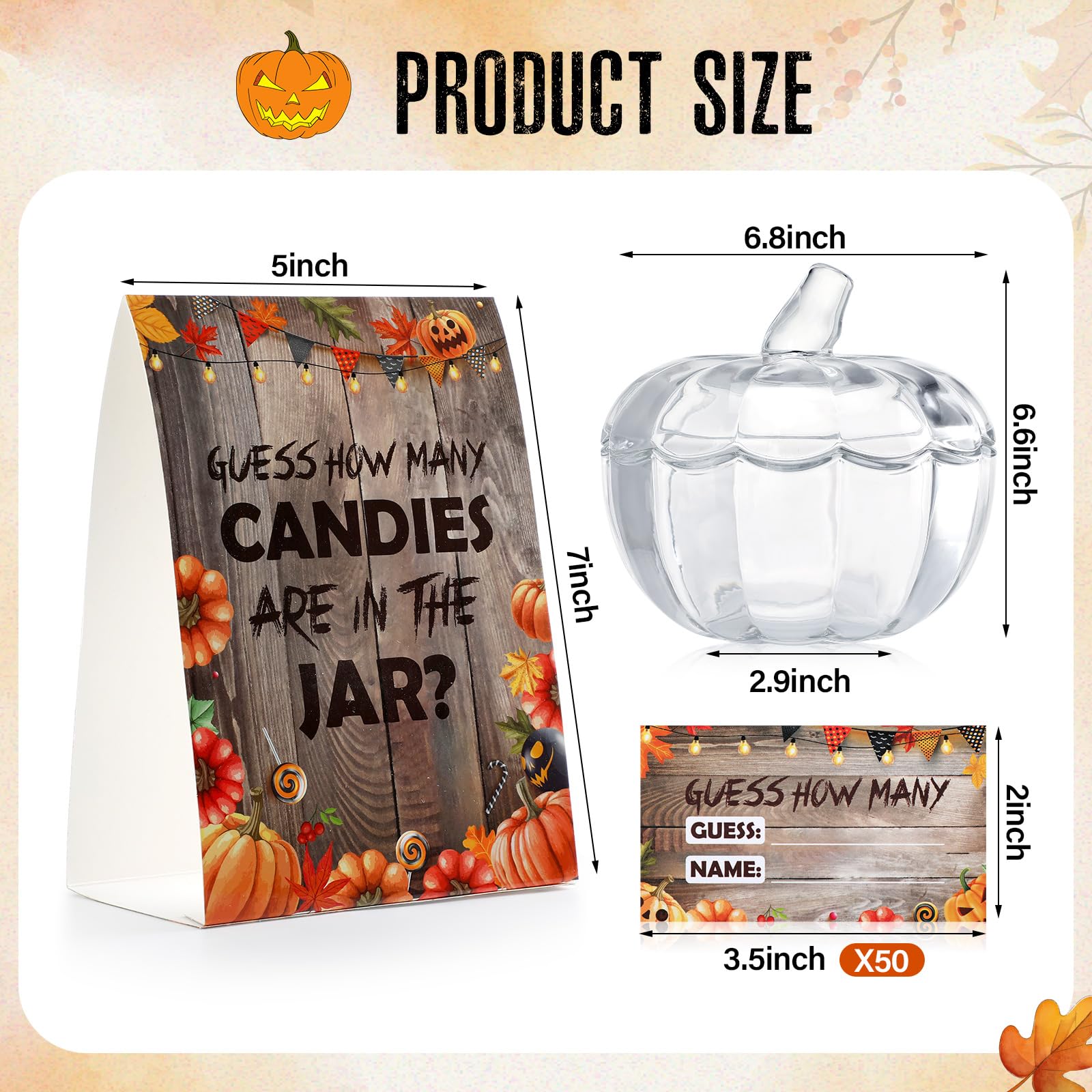 Yungyan 52 Pcs Halloween Glass Candy Jar with Lid Guess How Many Candies Set Includes 1 Standing Sign 50 Pcs Guessing Cards 1 Pu