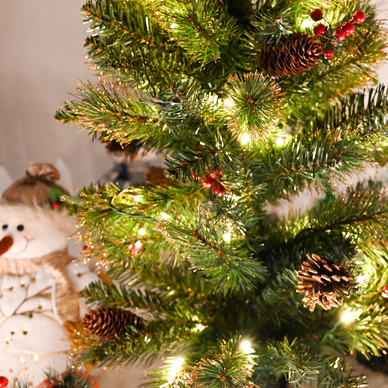 4FT Christmas Tree with Pine Cones and Red Berries,Pop up Green Christmas Tree with Lights,Lighted-up Mini Tree with Pine Cones