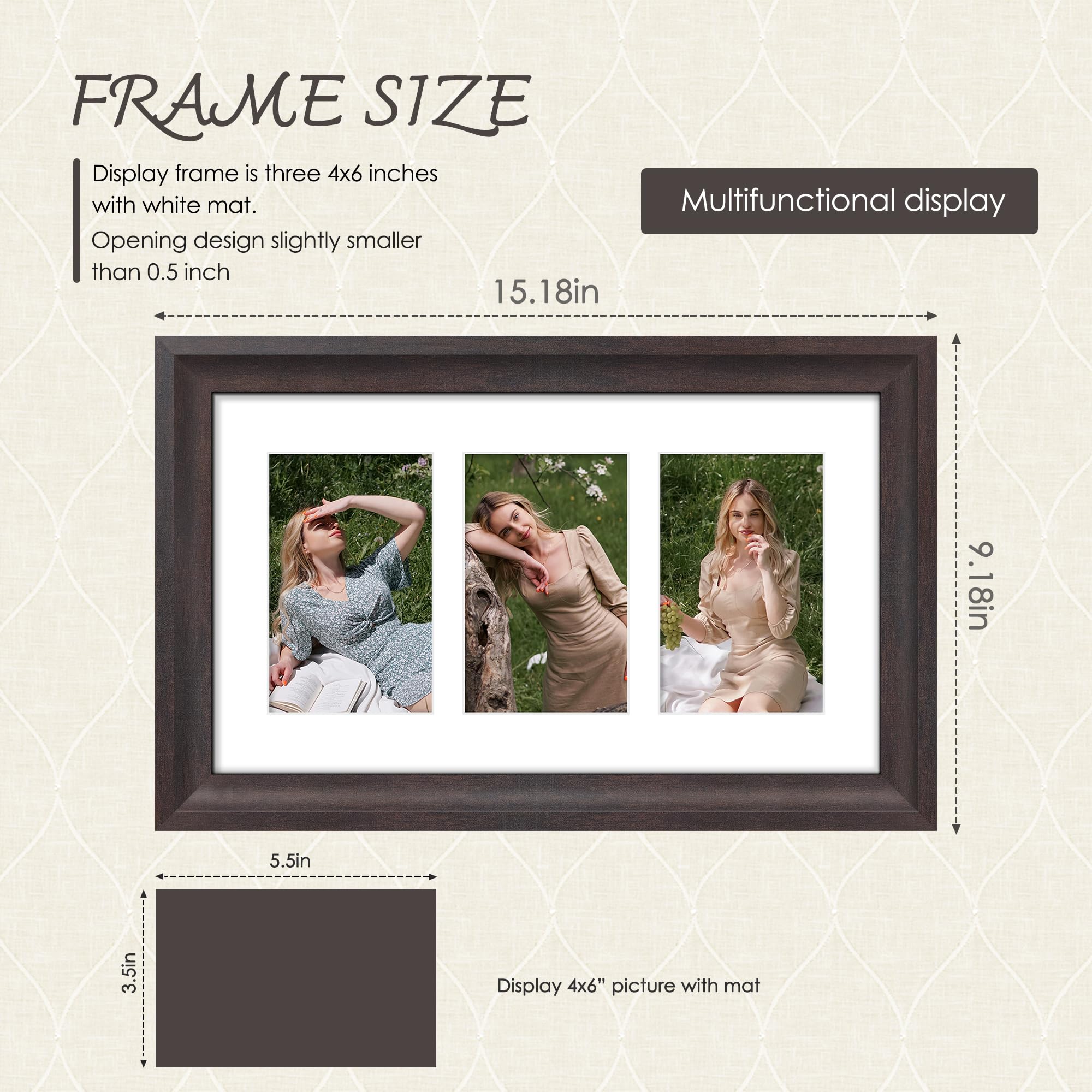 DUENPY 8x14 Picture Frame 4x6 Collage Picture Frame Displays Three 4x6 inch Photos or 8x14 (Without Mat) Wall Decor or Tabletop