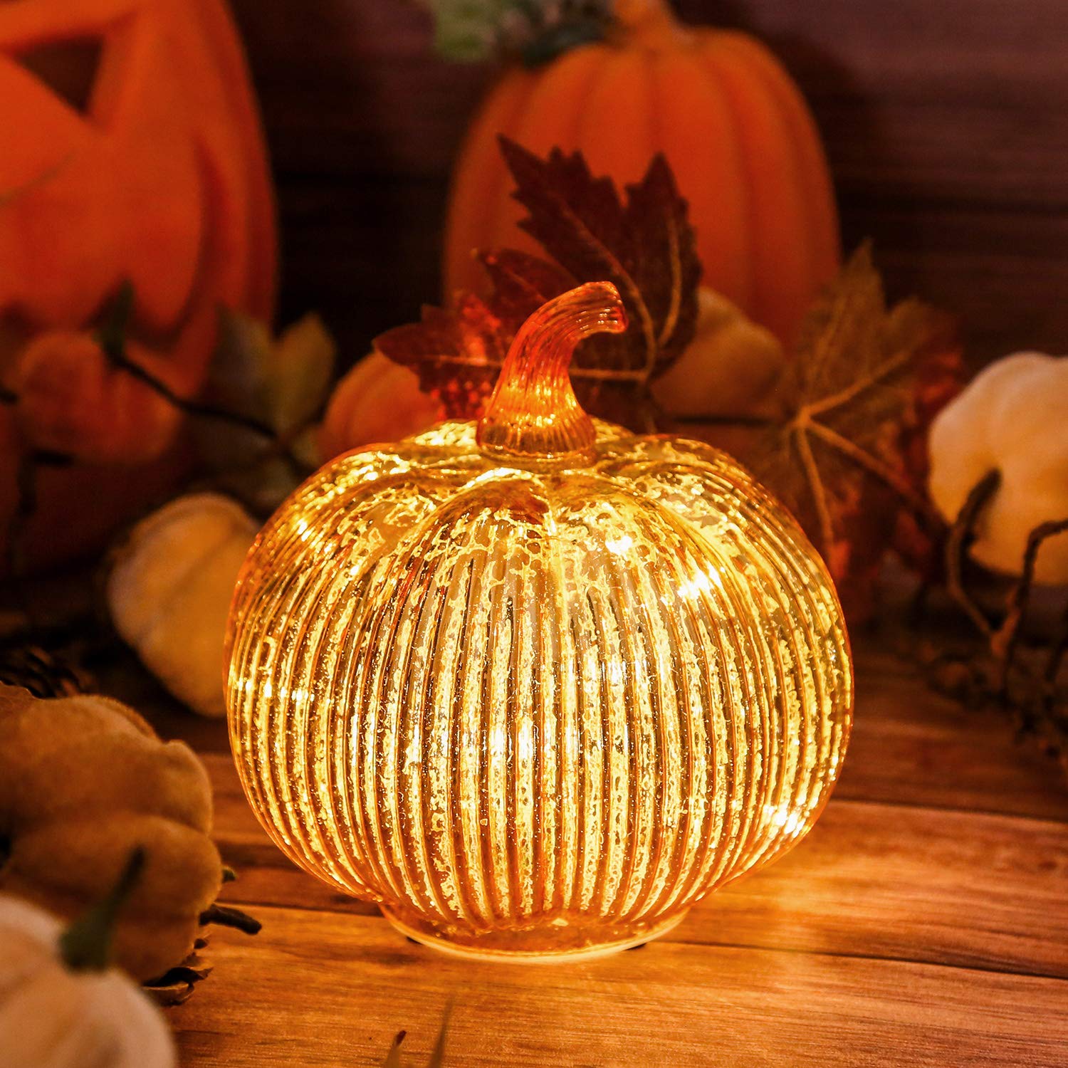 hvfun Mercury Glass Light up Pumpkin with Timer- Fall Decoration for Home-Lamps for Festive Decoration-Halloween Decorations (Go