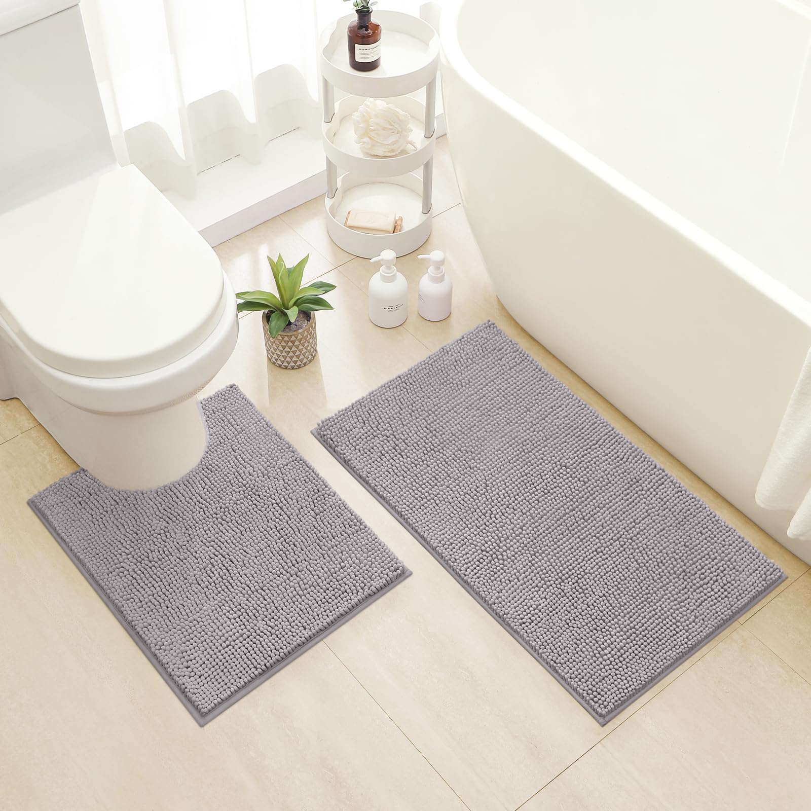 Homeideas Bathroom Rugs Set 2 Pieces, Ultra Soft Non Slip Absorbent Chenille Toilet Bath Mat Set (Grey)