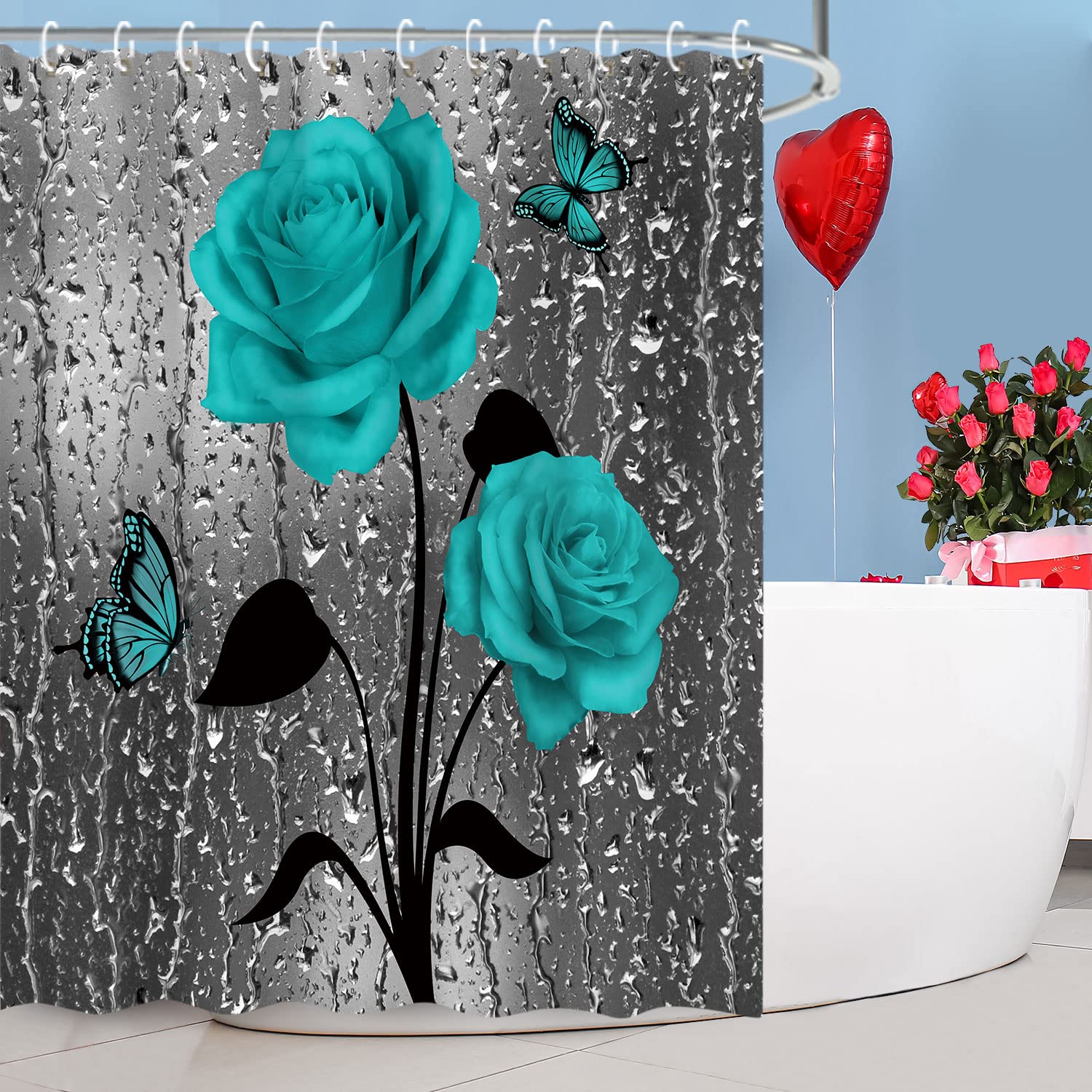 Livilan Teal Shower Curtain, Turquoise Shower Curtain, Gray Shower Curtain Rose Fall Raindrop Dark Blue Floral On Grey Shower Cu