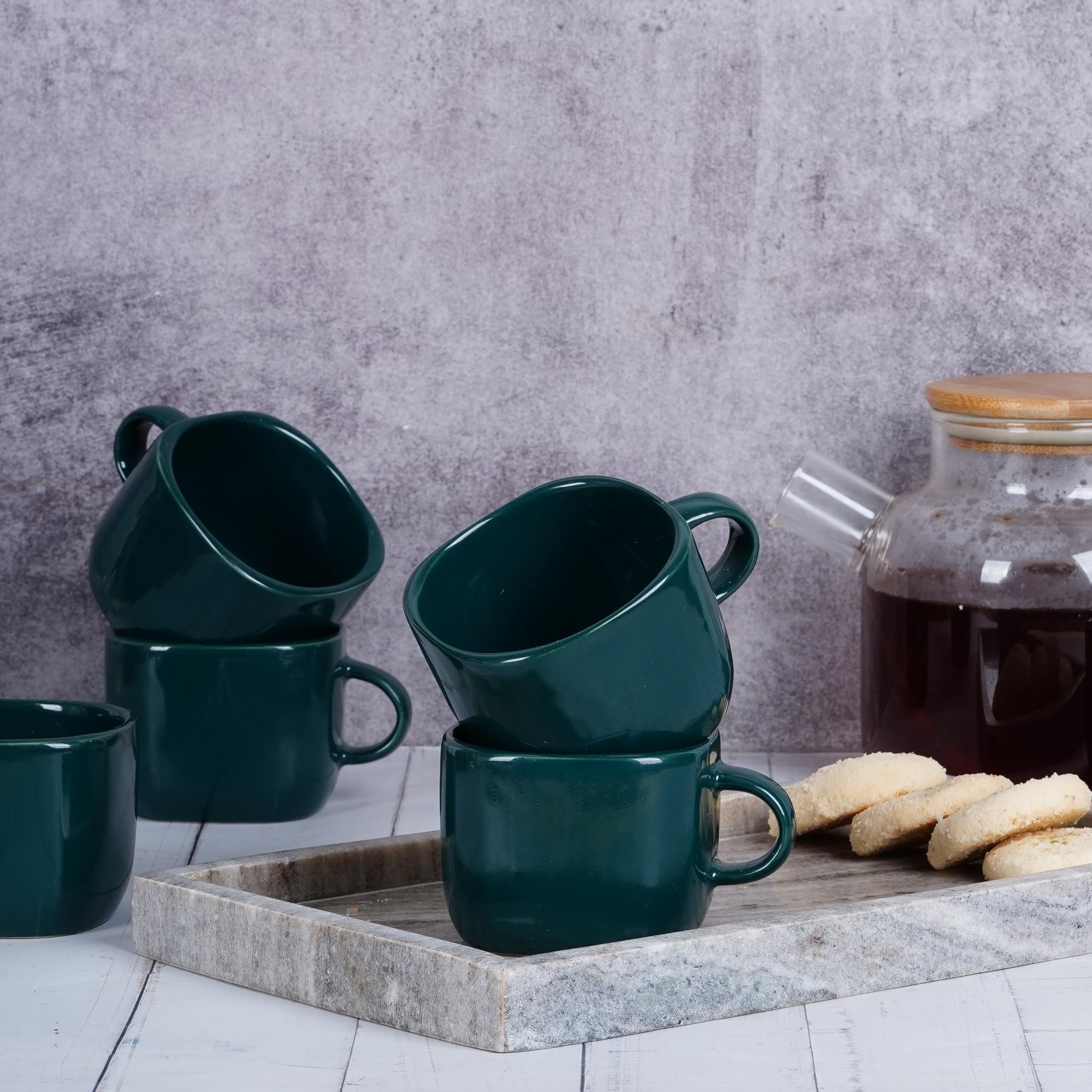 Data Ceramic Zen Coffee Mugs In Dark Green, Set Of 6, 199 Ml, 199 Ml