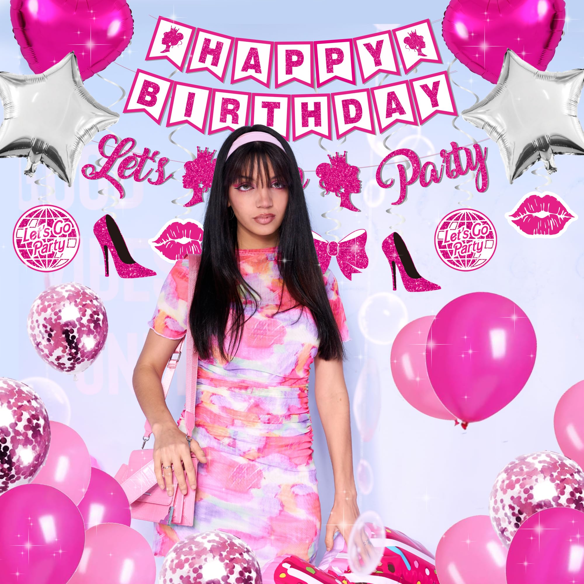 Pink Birthday Party Decorations For Girls - (Total 85Pcs) Pink Glitter Happy Birthday Banner For Her, Hanging Swirl, Foil Backdr