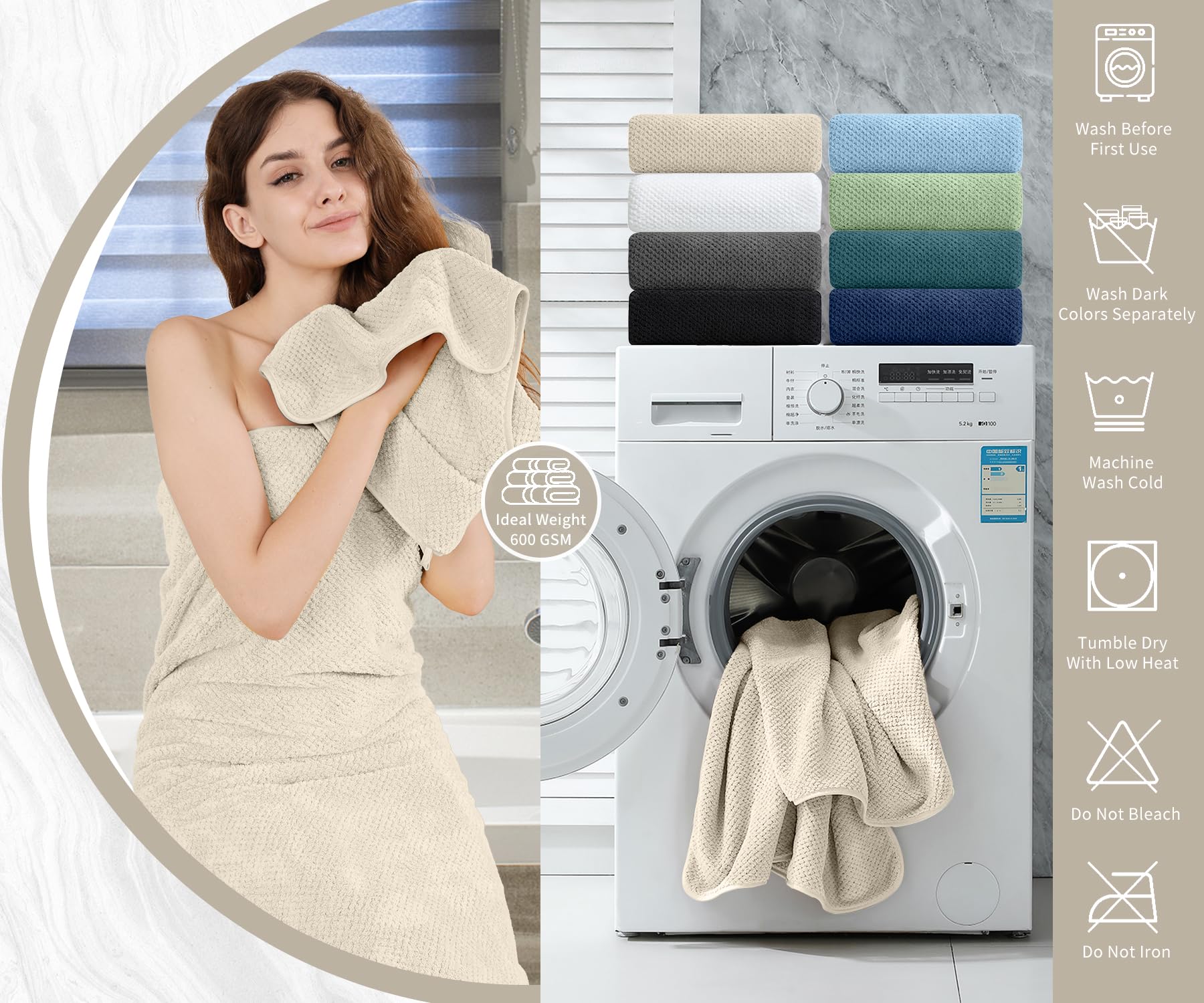 8 Piece Bathroom Towel Set |2 Oversized Bath Towels,2 Hand Towels,4 Washcloths| 600Gsm Soft Large Bath Sheet Luxury Premium Micr