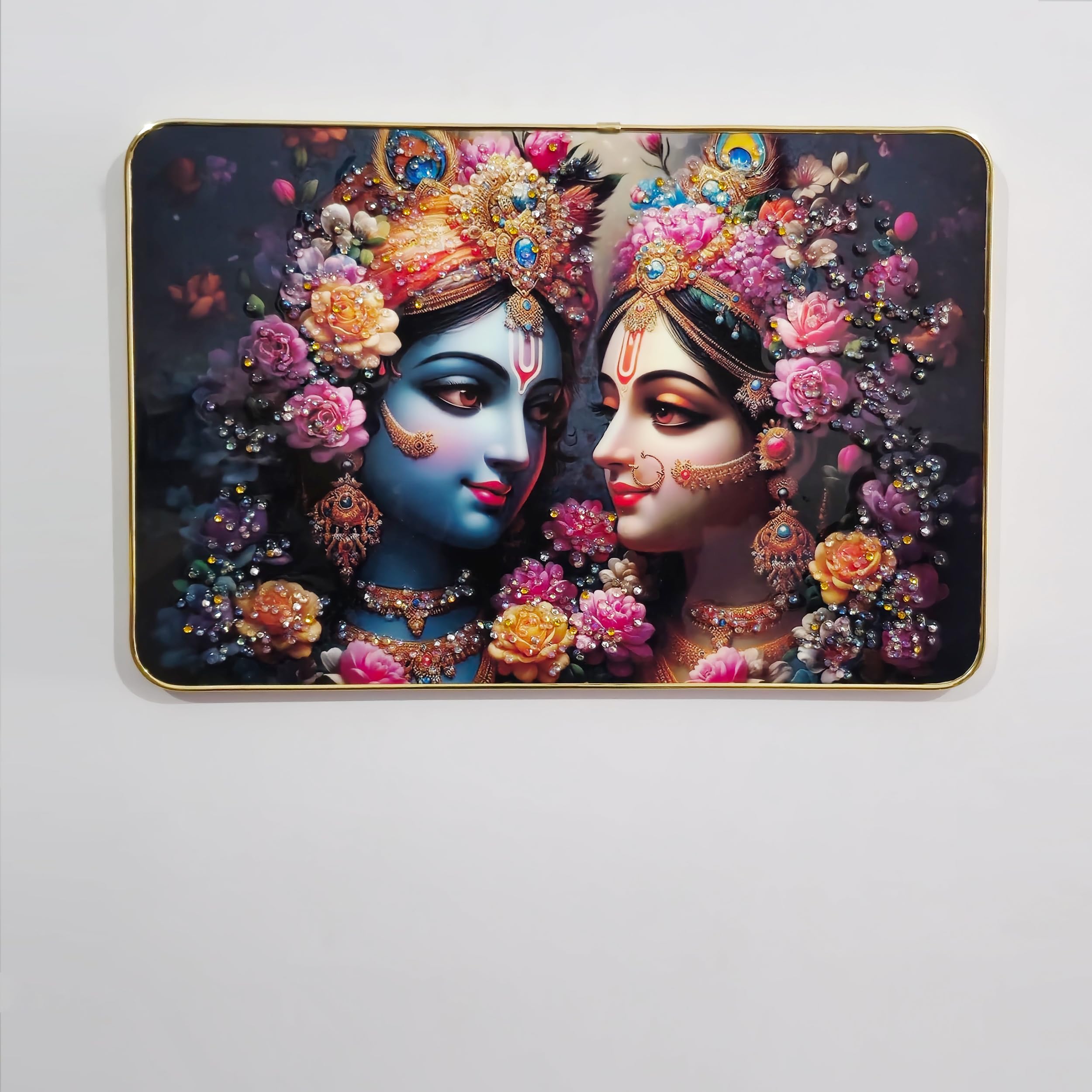 Masstone Radha Krishna Wall Painting  Crystal Embedded, High Gloss, Gold Slim Frame, 45X30 Cm Wall Art For Living Room, Bedroom,