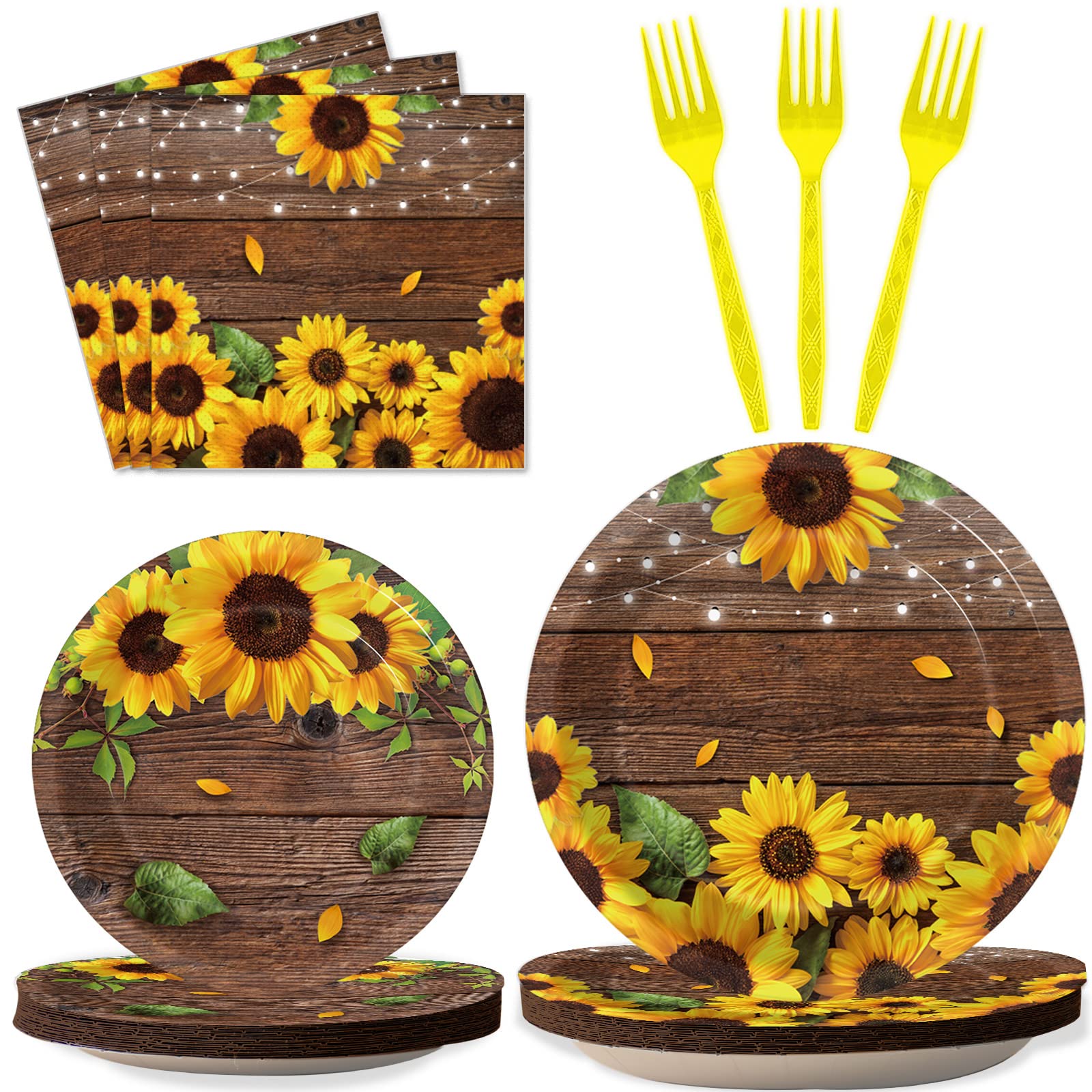 Wiooffen 96 Pcs Sunflower Party Supplies Sunflower Wood Grain Themed Party Decoration Sunflower Party Tableware Set Kids Party P