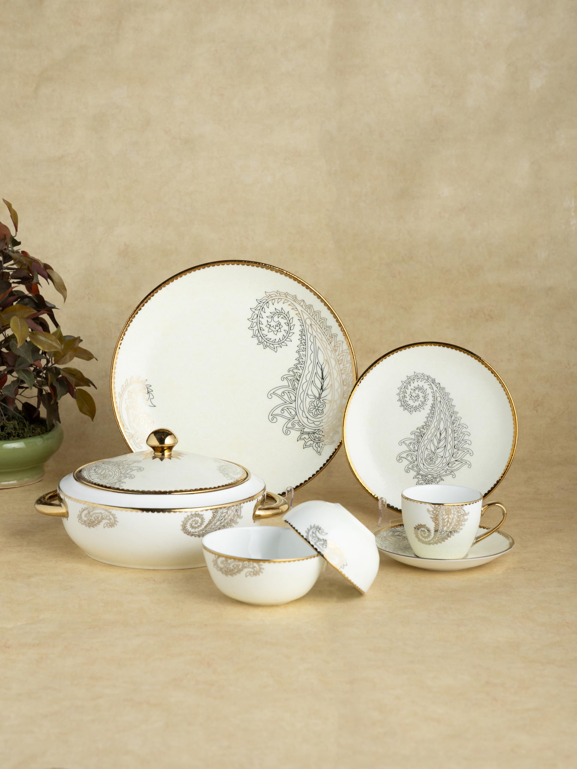 Clay Craft Urmi Ebony 40 Piece Dinner Set | Fine Ceramic | For Family Of 6 | Dinner Plates, Bowls & Serving Set | Elegant Design