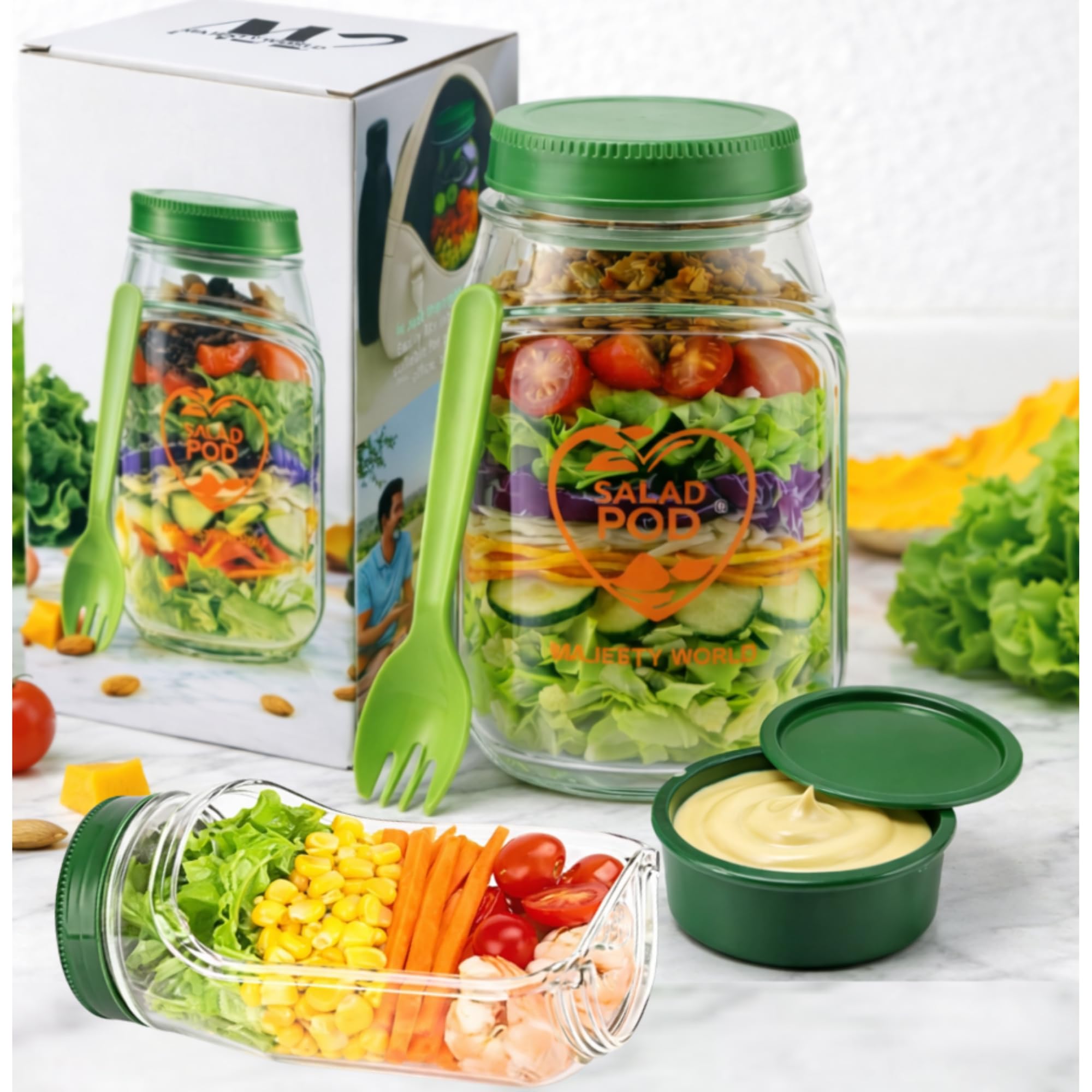 MW Leakproof The Salad Pod Container with Side Opening Lid | Portable Mason Salad Jar Lunch Container with Dressing Cup & Spork 