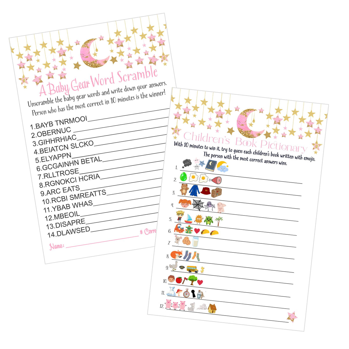 Paper Clever Party Twinkle Little Star Baby Shower Games For Girls - 25 Activities - Storybook Pictionary & Word Scramble - Pink