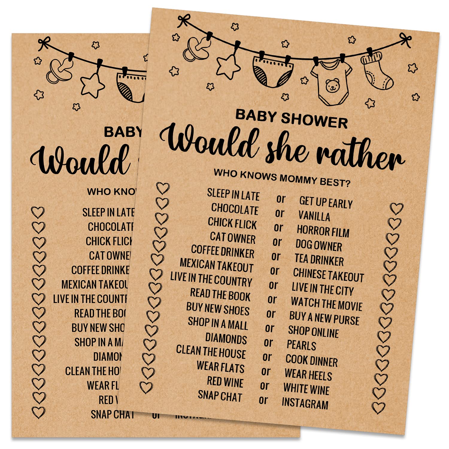 Baby Shower Game Cards, Would She Rather Baby Shower Game, Set Of 30 Cards, Rustic Bridal Wedding Shower Or Bachelorette Party G