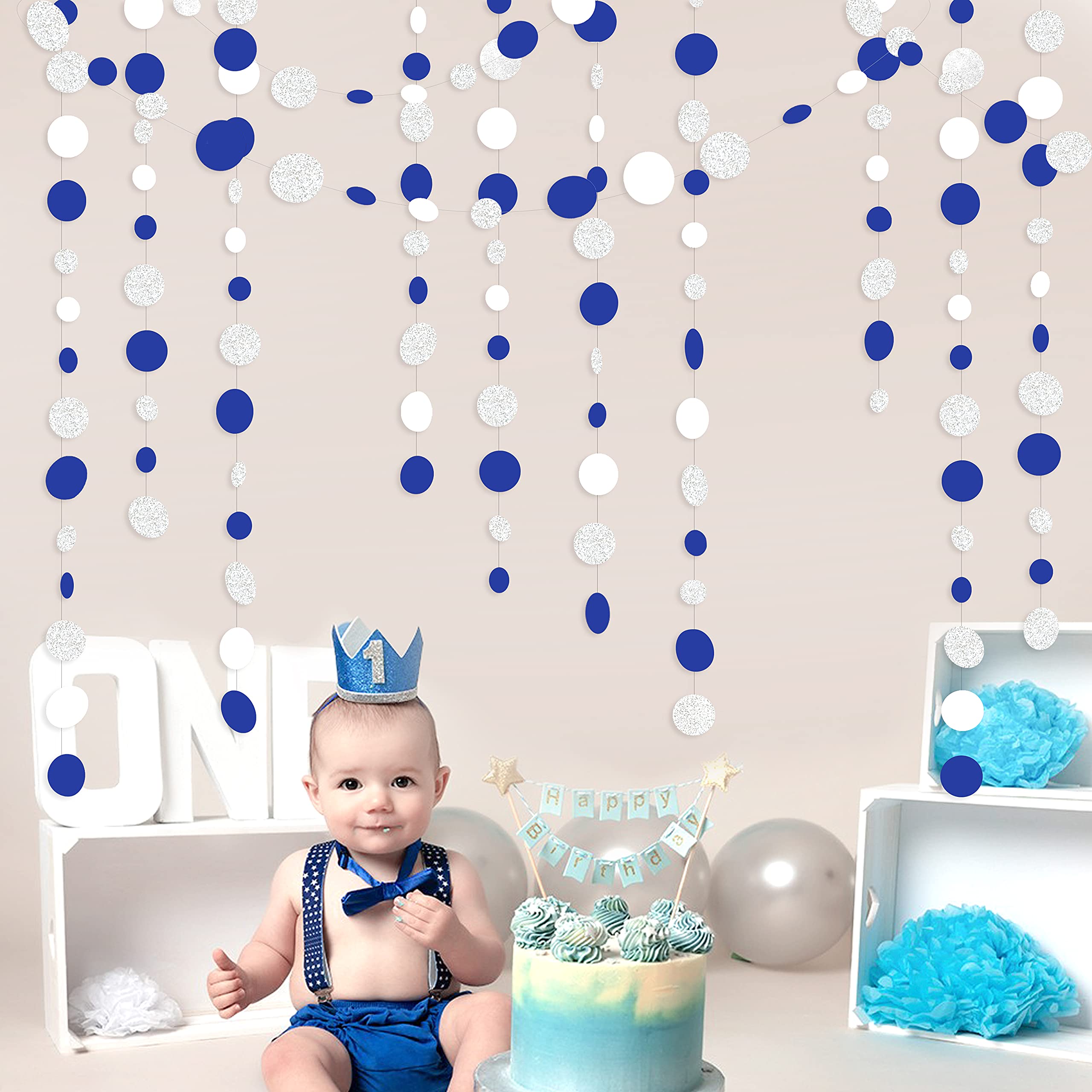 46 Feet Navy Blue White And Silver Circle Dots Garland Royal Blue Hanging Paper Polka Dots Streamer For Birthday Wedding Bridal