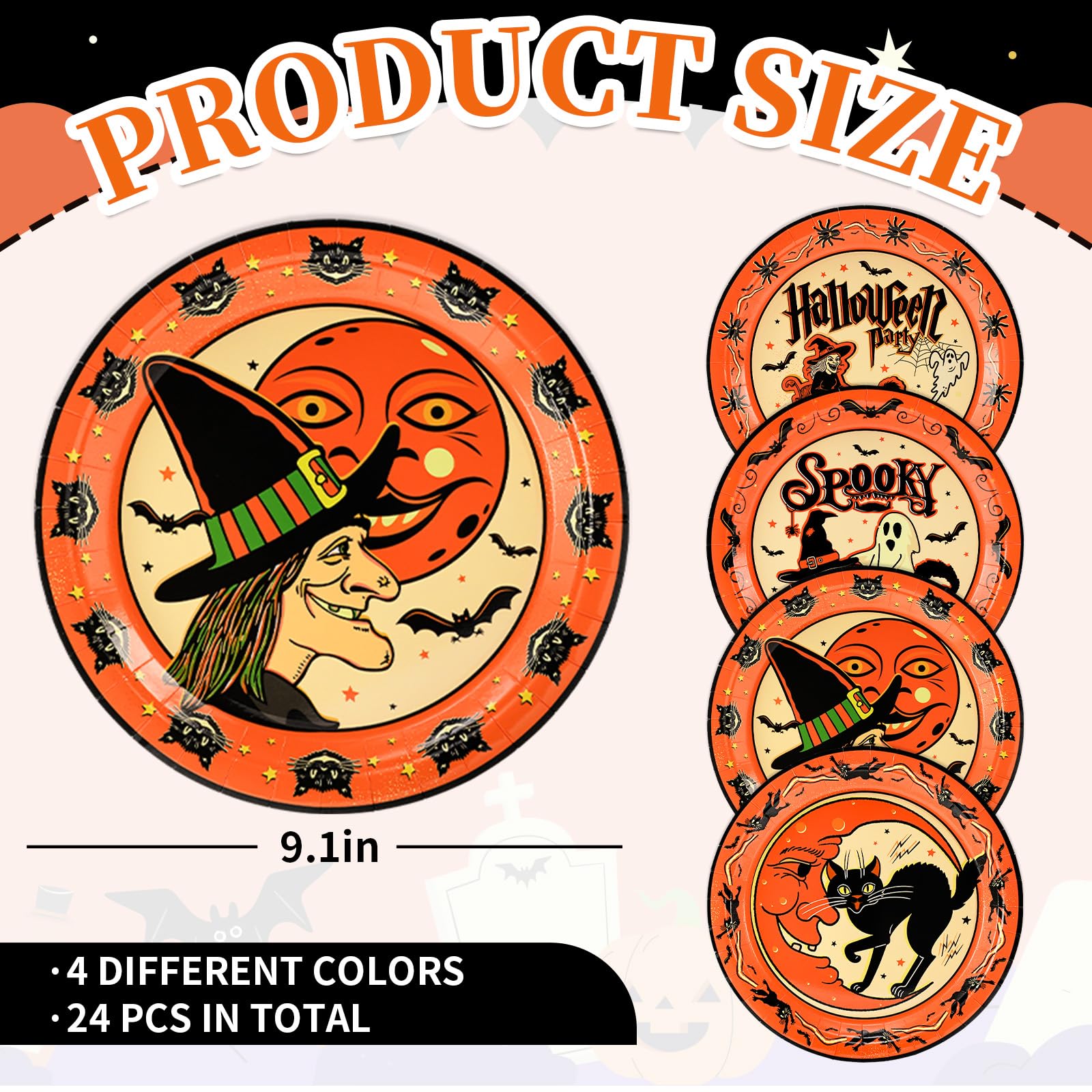 24 Pcs Halloween Paper Plates 9 In Black Cat Witch Pumpkin Ghost Plates Orange Black Spooky Halloween Party Plate Vintage Dispos
