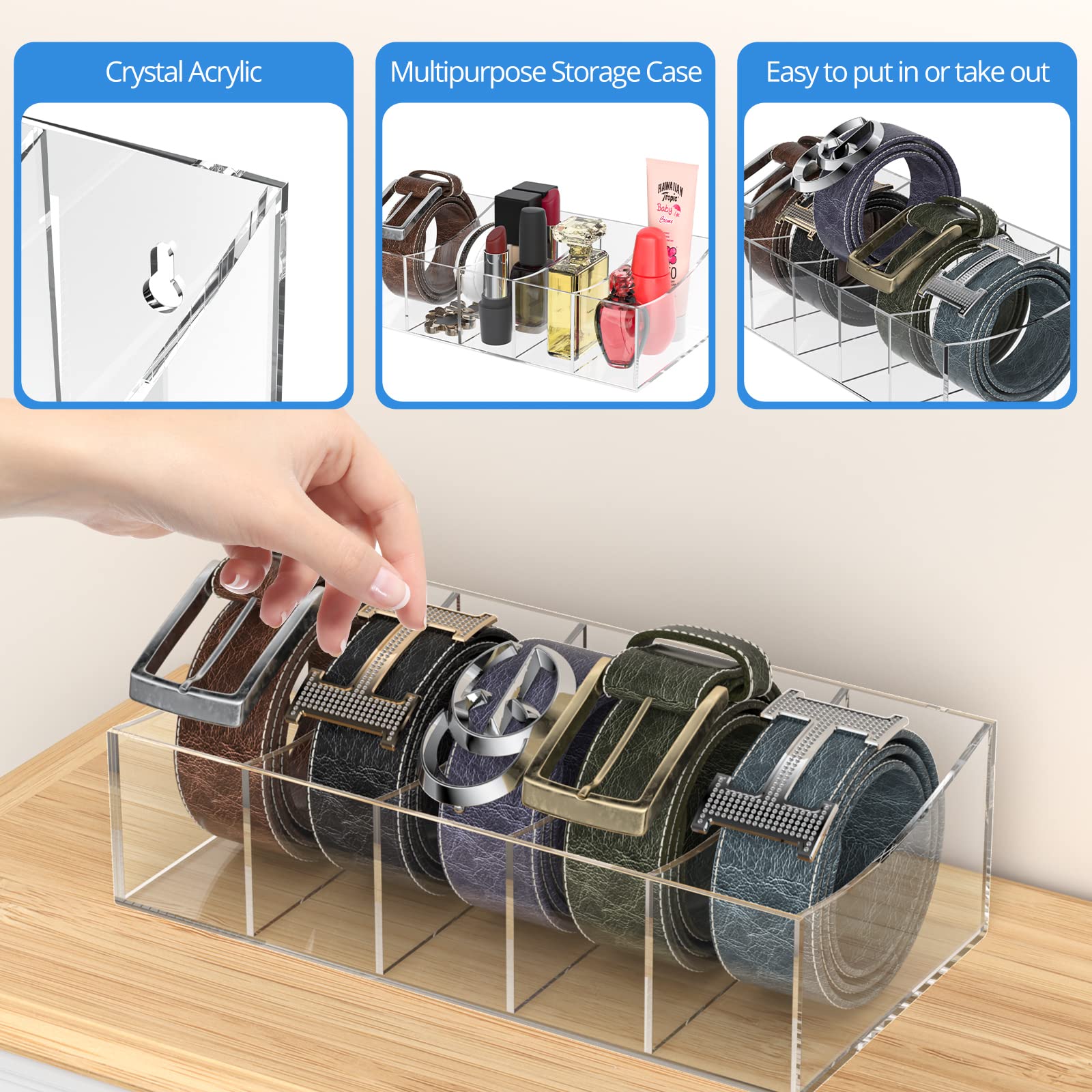 Kdsksc Belt Organizer, Acrylic Belt Storage Holder For The Closet And Drawer, 5 Compartments Belt Container Clear Display Case F
