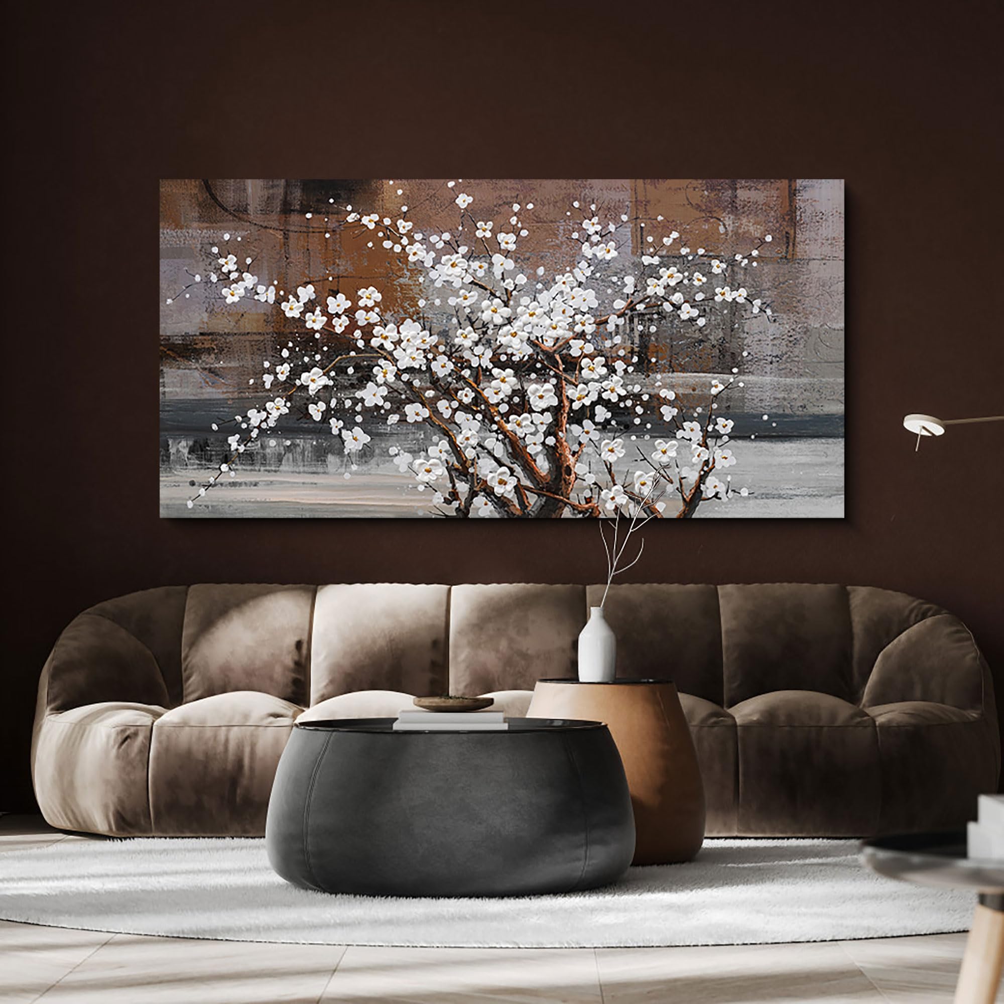 Wall Art For Living Room Large Modern Wall Decor Canvas Paintings For Wall Decorations White Flower Graffiti On Brown Background