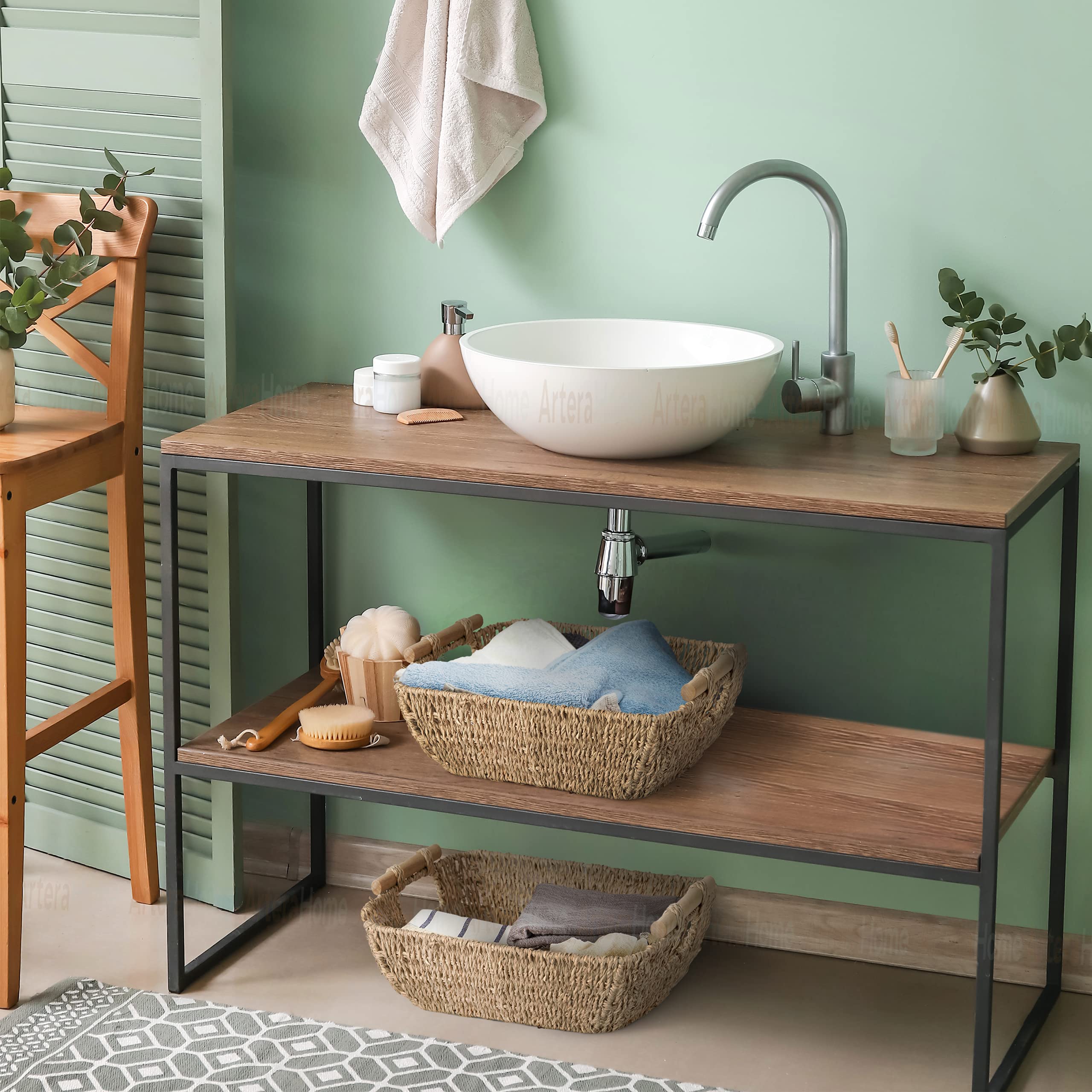 Artera Shallow Wicker Storage Basket - Medium Woven Seagrass Baskets With Wooden Handles For Bathroom, Kitchen Pantry Organizing