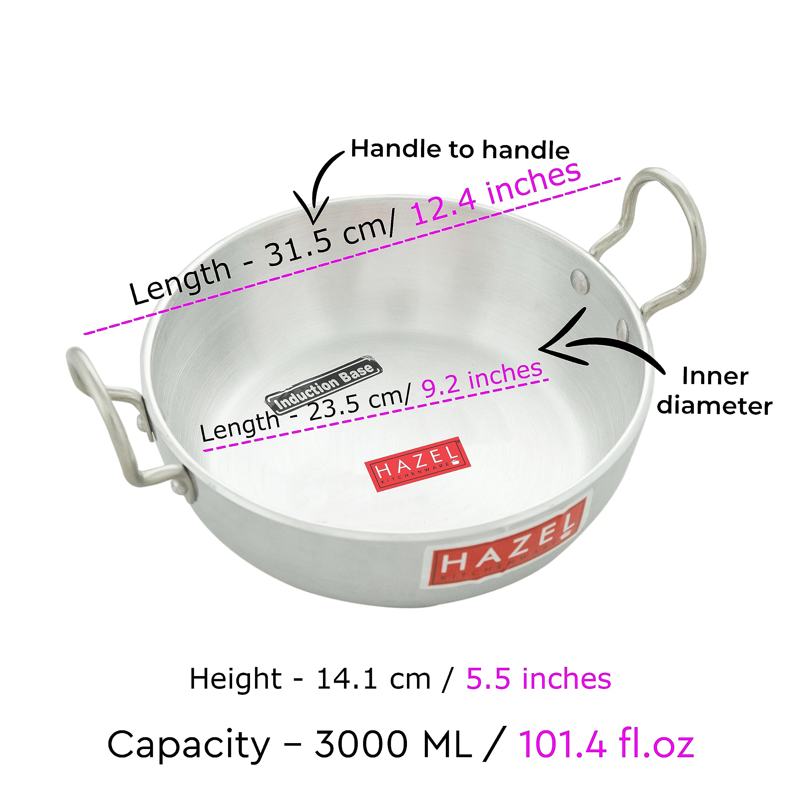 Hazel 4 Mm Aluminium 3000 Ml Induction Base Kadai Kadhai With Handle