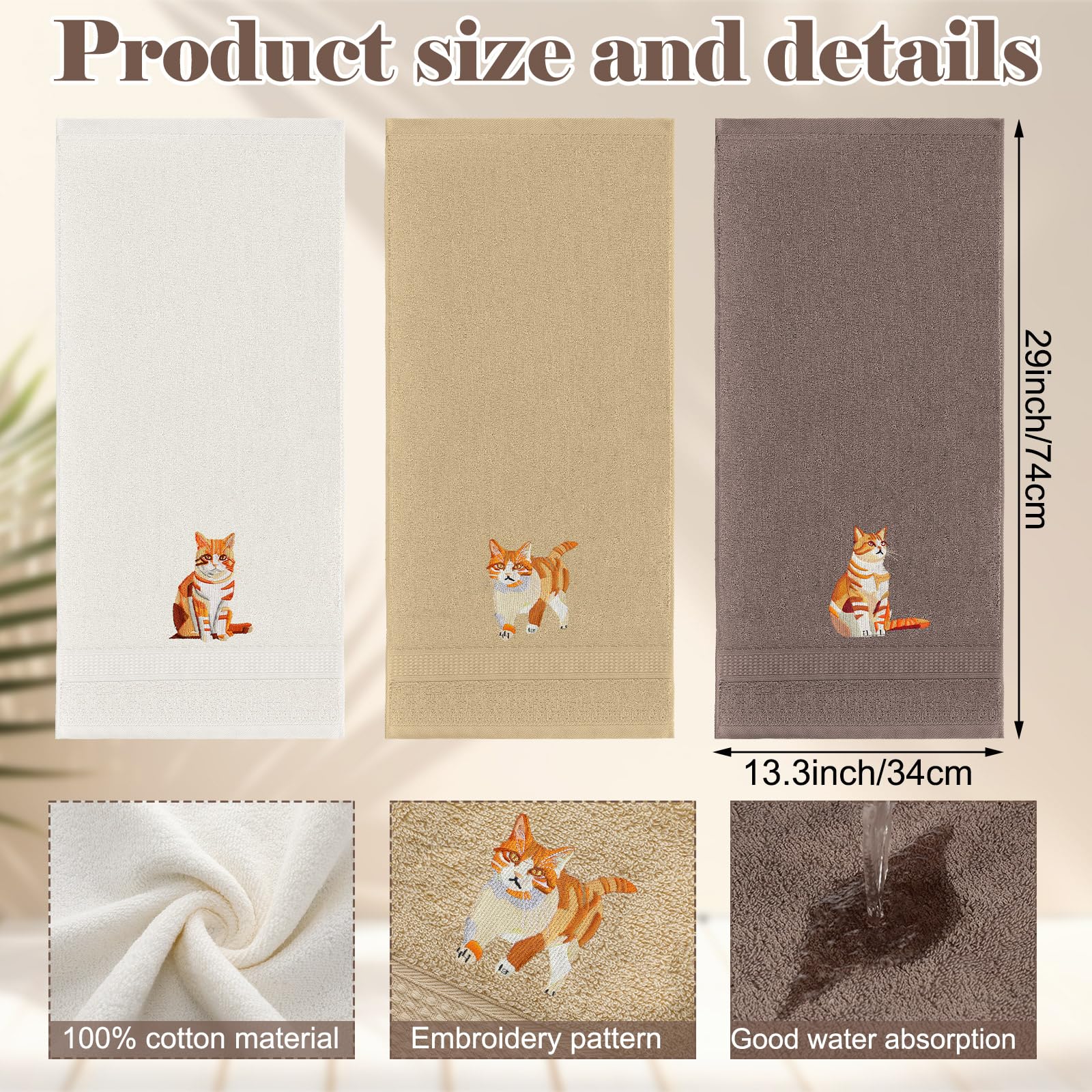 Hillsuren 3 Pcs Orange Cat Hand Towels Bathroom Sets Decor Cute Orange Cat Lover Gifts Funny Decorative Farmhouse 100% Cotton Em