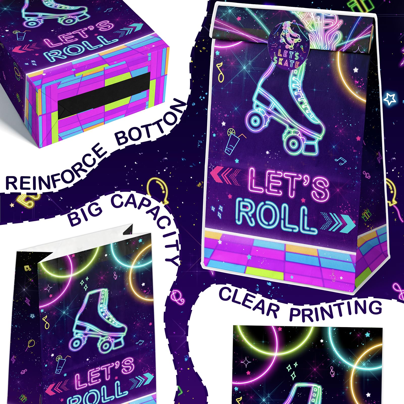 Outego 24 Roller Skating Goodie Bags Glow Party Birthday Bags, Skate Favor Bags, Glow Roller Skating Party, Neon Party Supplies
