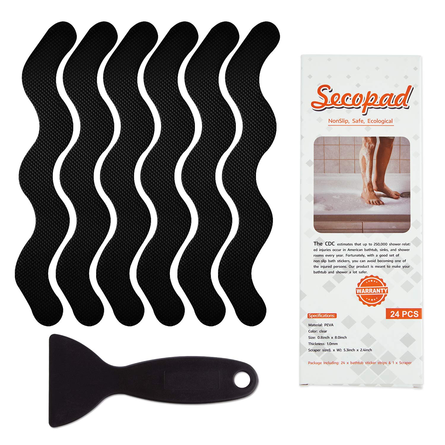 Secopad Patented Anti Slip Shower Stickers 24 Pcs Safety Bathtub Strips Adhesive Decals With Premium Scraper For Bath Tub Shower