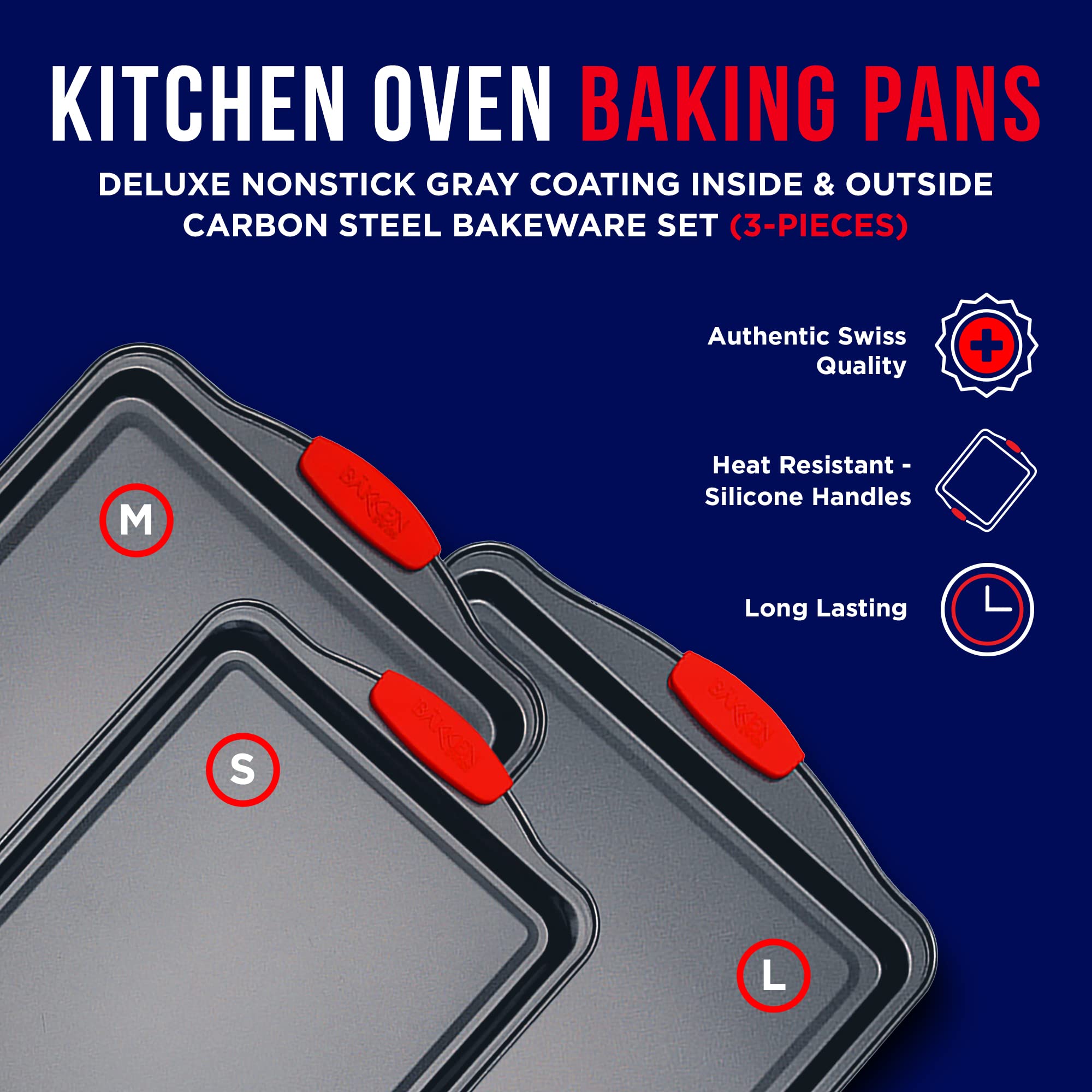 Bakken Cookie Sheets For Baking Nonstick Set - 3-Piece Stackable Carbon Steel Baking Sheet Pans Set With Silicone Handles, Non T