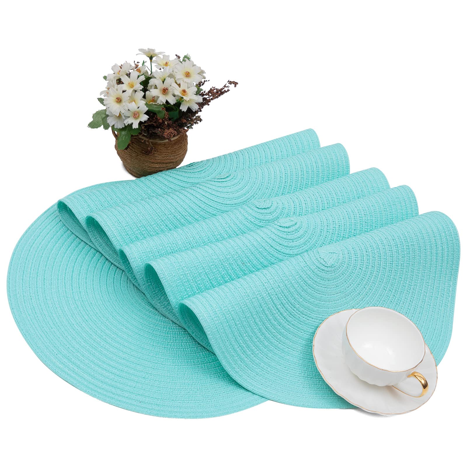 Shacos Round Placemats Set Of 6 Washable 15 Inch Round Table Mats Cotton Polyester Woven Braided Place Mats For Dining Table (Aq