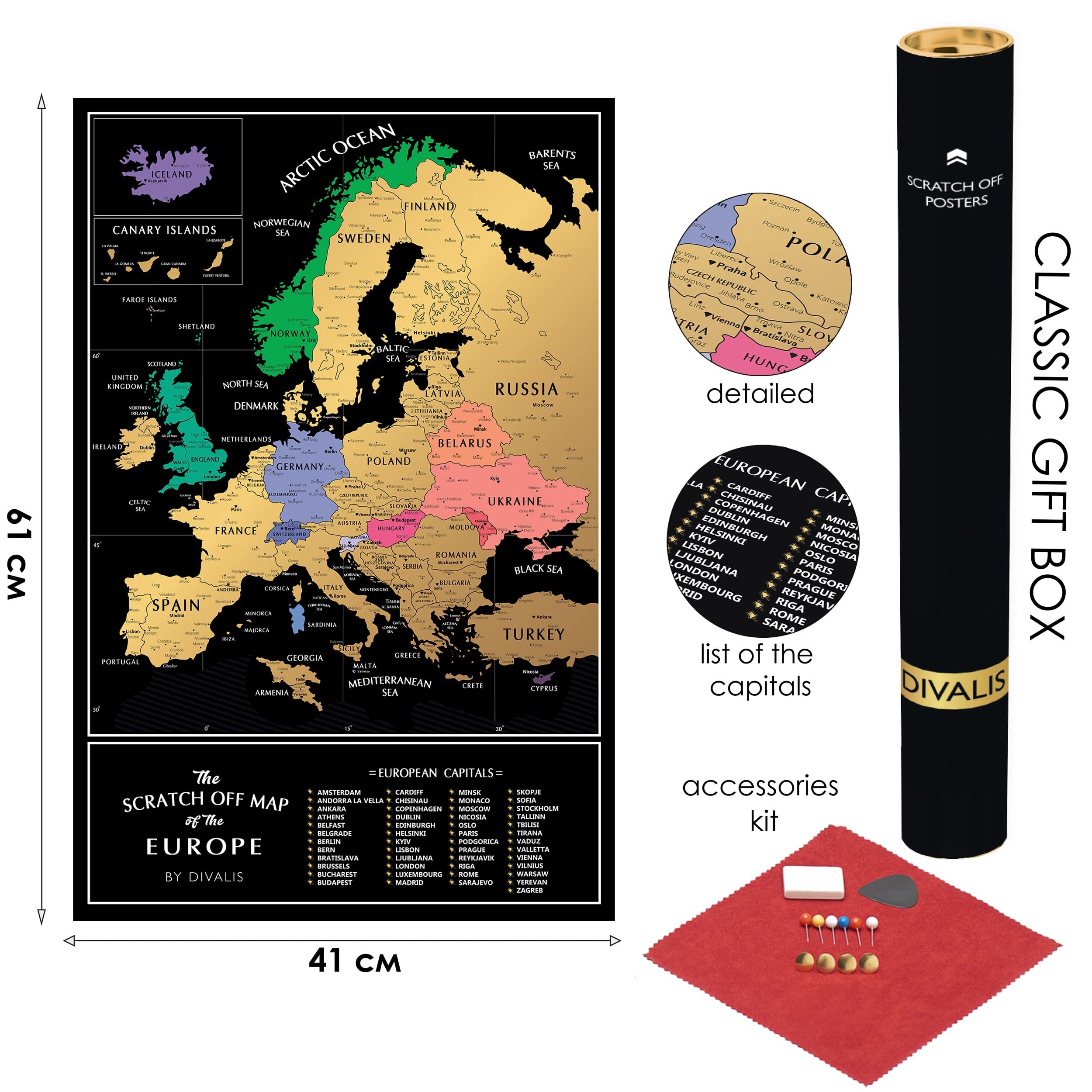 Detailed Scratch Off Map Of The Europe - Easy To Frame 24 X 16 European Travel Map Poster With Cities - Large Black And Gold Pus
