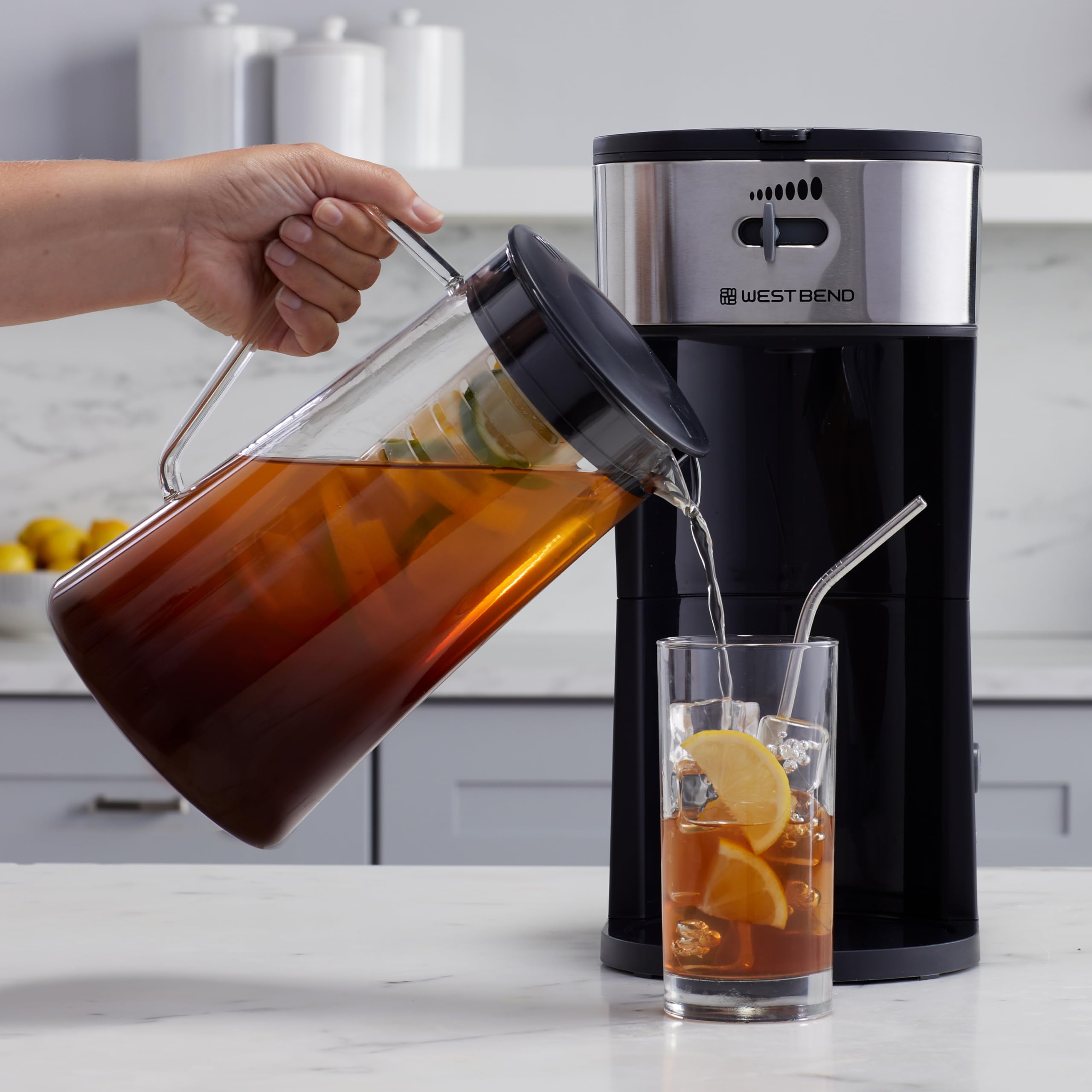 West Bend It500-W Iced Coffee Maker Or Iced Tea Maker Includes An Infusion Tube To Customize The Flavor, Features Auto Shut-Off,