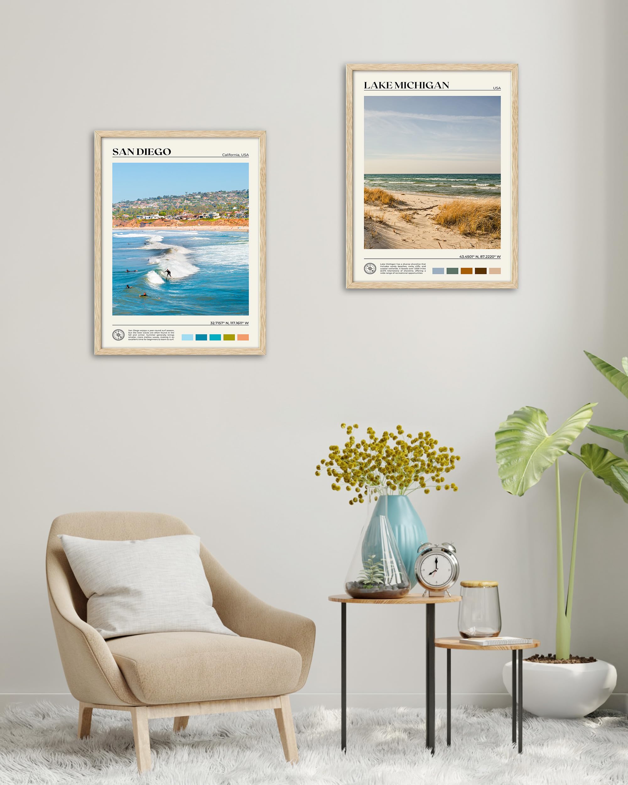 Hesendot Natural Oak Wood San Diego Surfing Framed Wall Art,12X16In Natural Seascape Canvas Wall Print,Classic Urban Landmark Wa