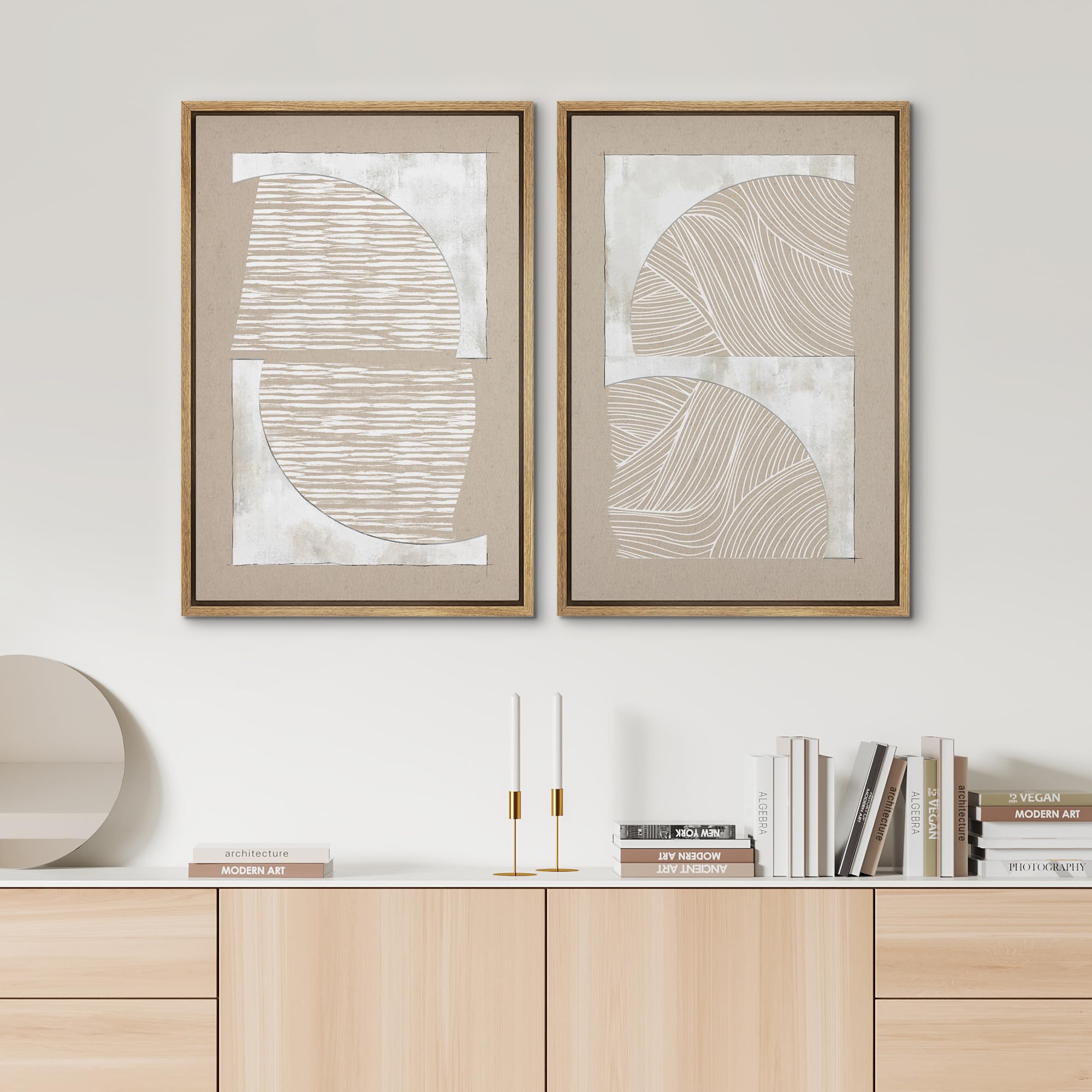 SIGNWIN Framed Canvas Print Wall Art Set Grunge Tan White Art Deco Polygons Abstract Shapes Illustrations Minimal Decorative Nordic Zen Bohemian for Living Room  Bedroom  Office - 24''x36''x2 Natural