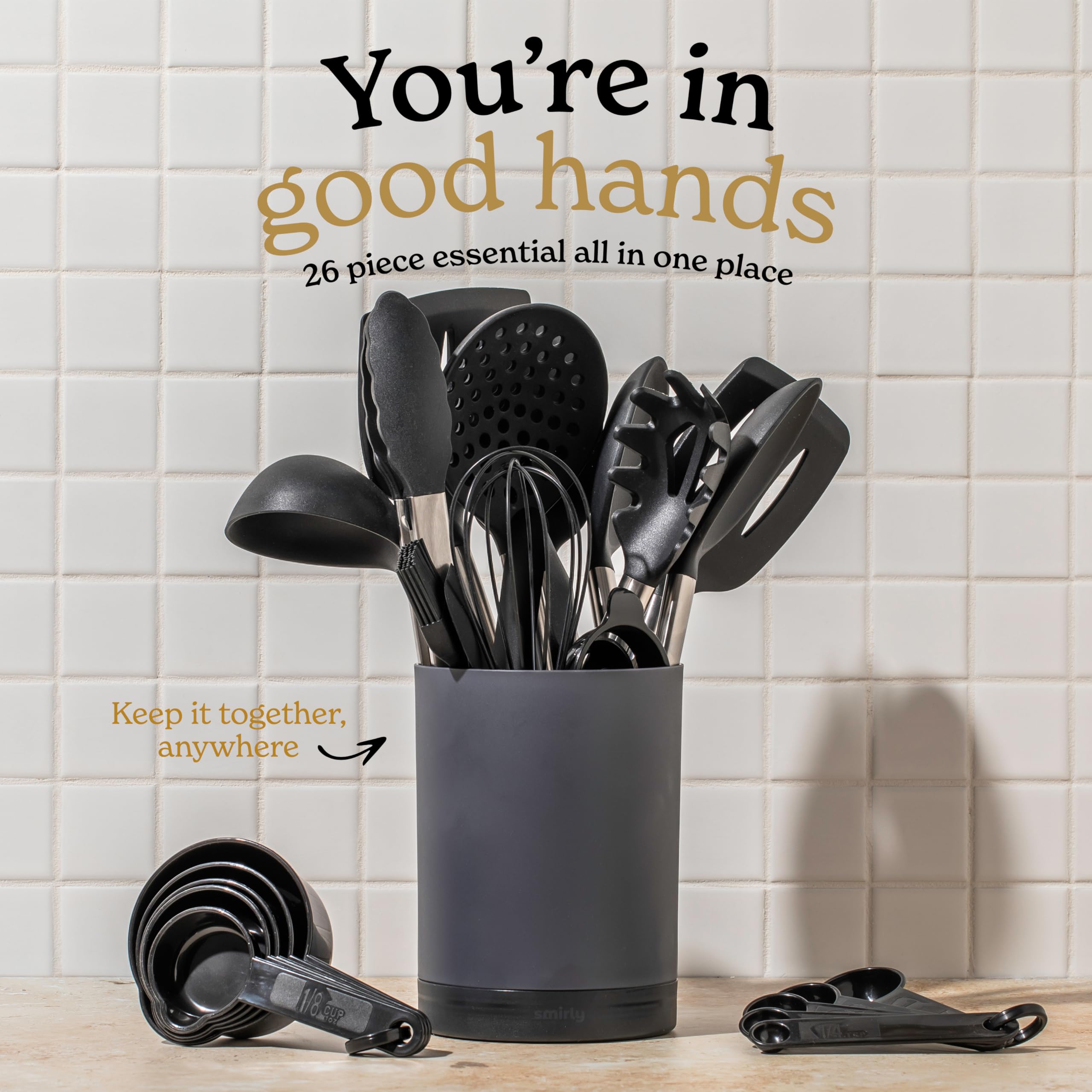 Smirly Silicone Cooking Utensils Set With Holder - Kitchen Tools For Nonstick Cookware