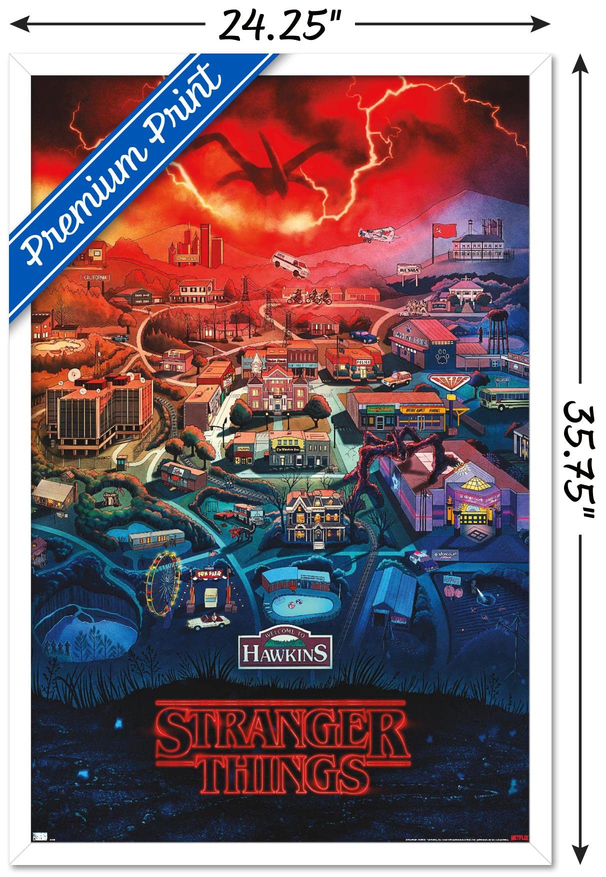 Trends International Netflix Stranger Things: Season 4 - Hawkins, Indiana Wall Poster, 22.375'' X 34'', White Framed Version