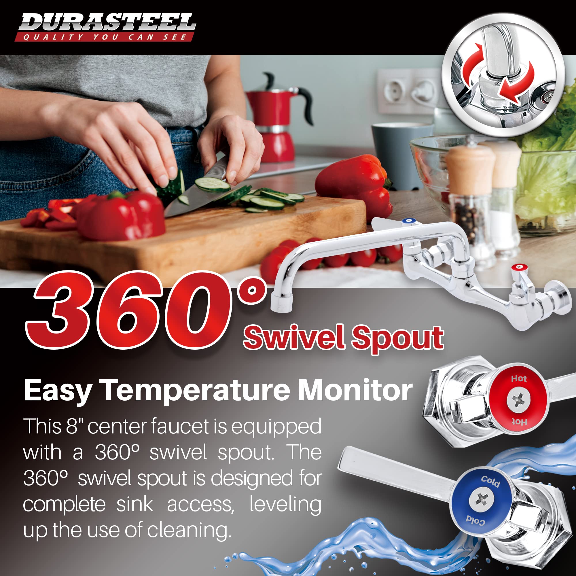 Kitchen Sink Faucet Wall Mount - Durasteel 8'' Center Commercial Kitchen Sink Faucet With 10'' Swivel Spout - Dual Lever Handles
