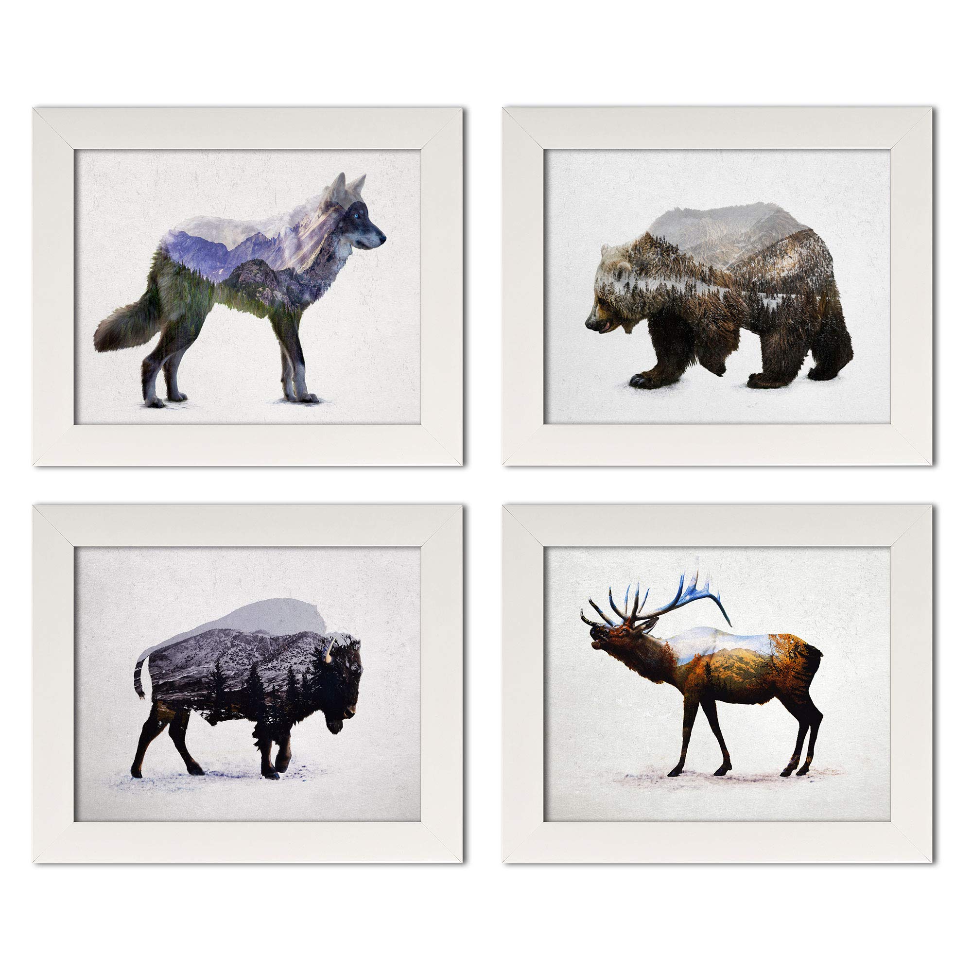 Rustic Double Exposure Elk, Bison, Wolf And Bear Landscape Set; Cabin Lodge Decor; Four 10X8In White Framed Prints; Ready To Han