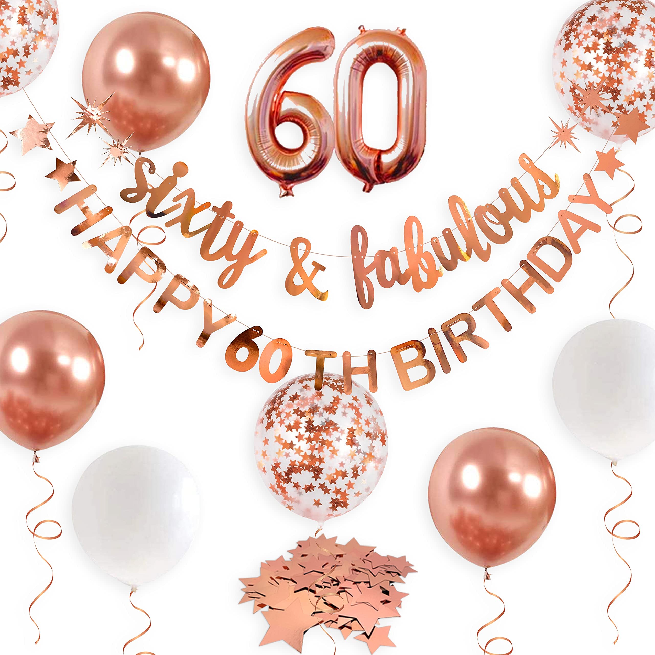 Rose Gold Sixty & Fabulous Happy 60Th Birthday Banner Garland Foil Balloon 60 For Womens 60Th Birthday Decorations Hanging 60 An